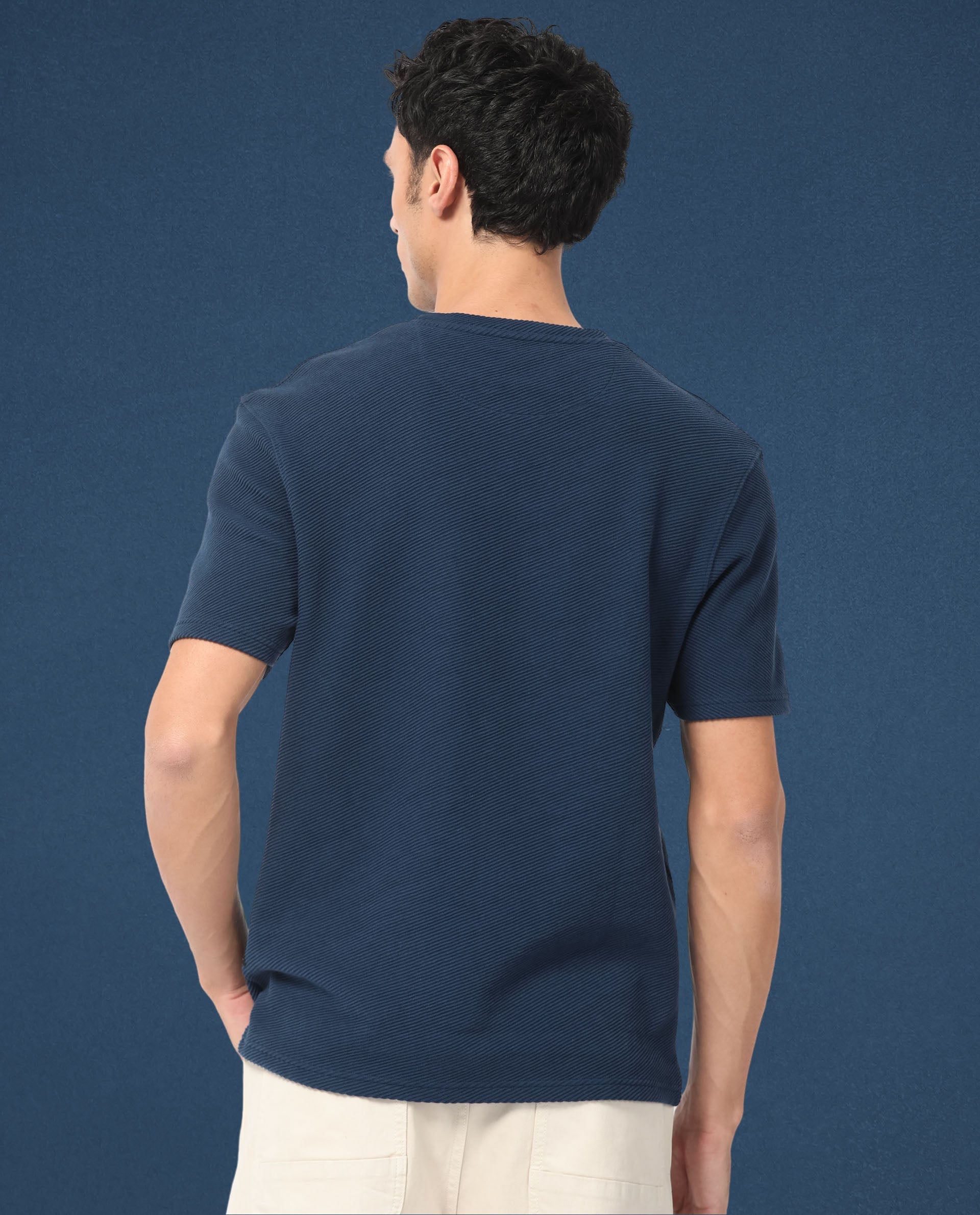 Rare Rabbit Men's Cas Petrol Solid Crew Neck Ottoman Textured Drop Shoulder Half Sleeves T-Shirt