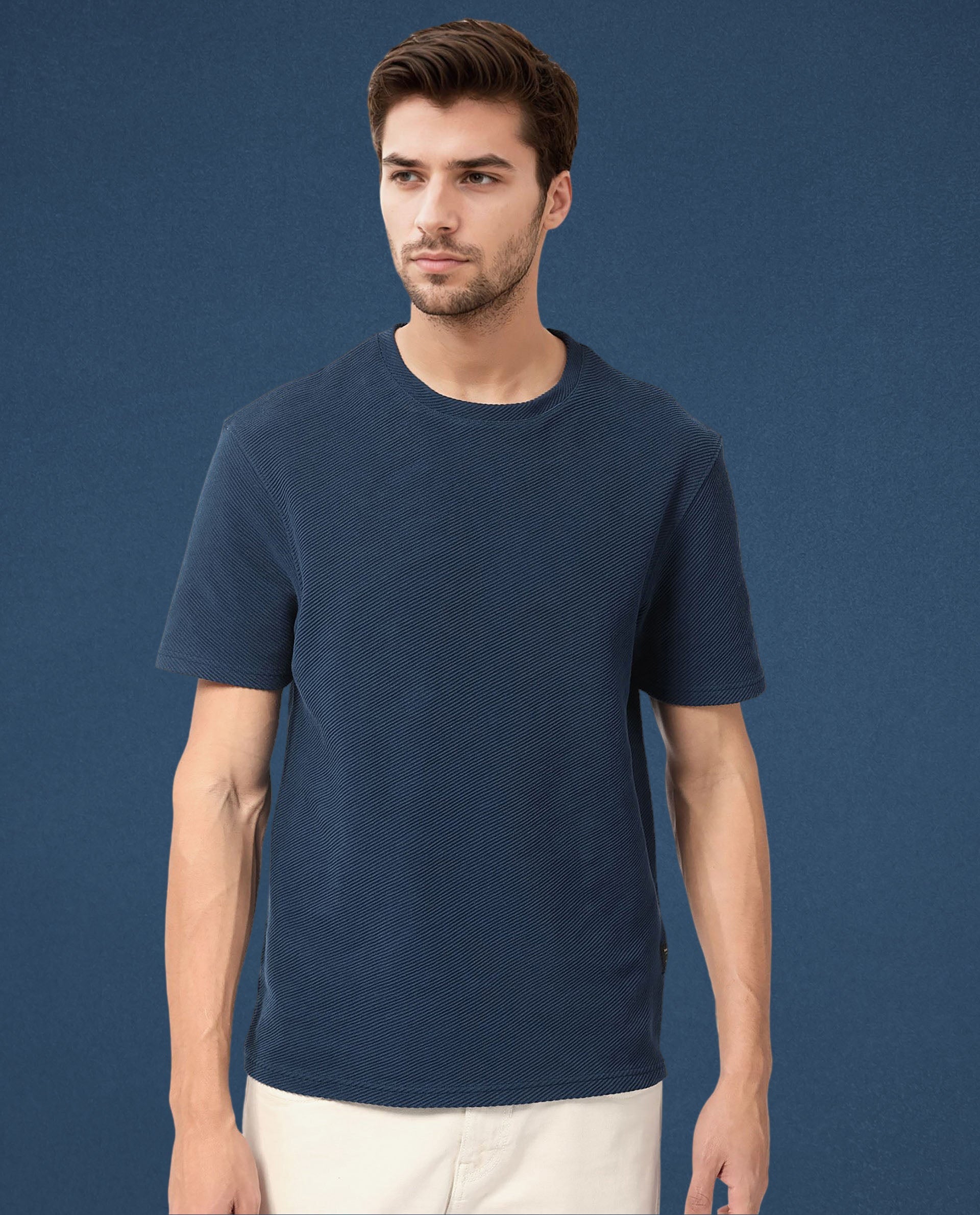 Rare Rabbit Men's Cas Petrol Solid Crew Neck Ottoman Textured Drop Shoulder Half Sleeves T-Shirt