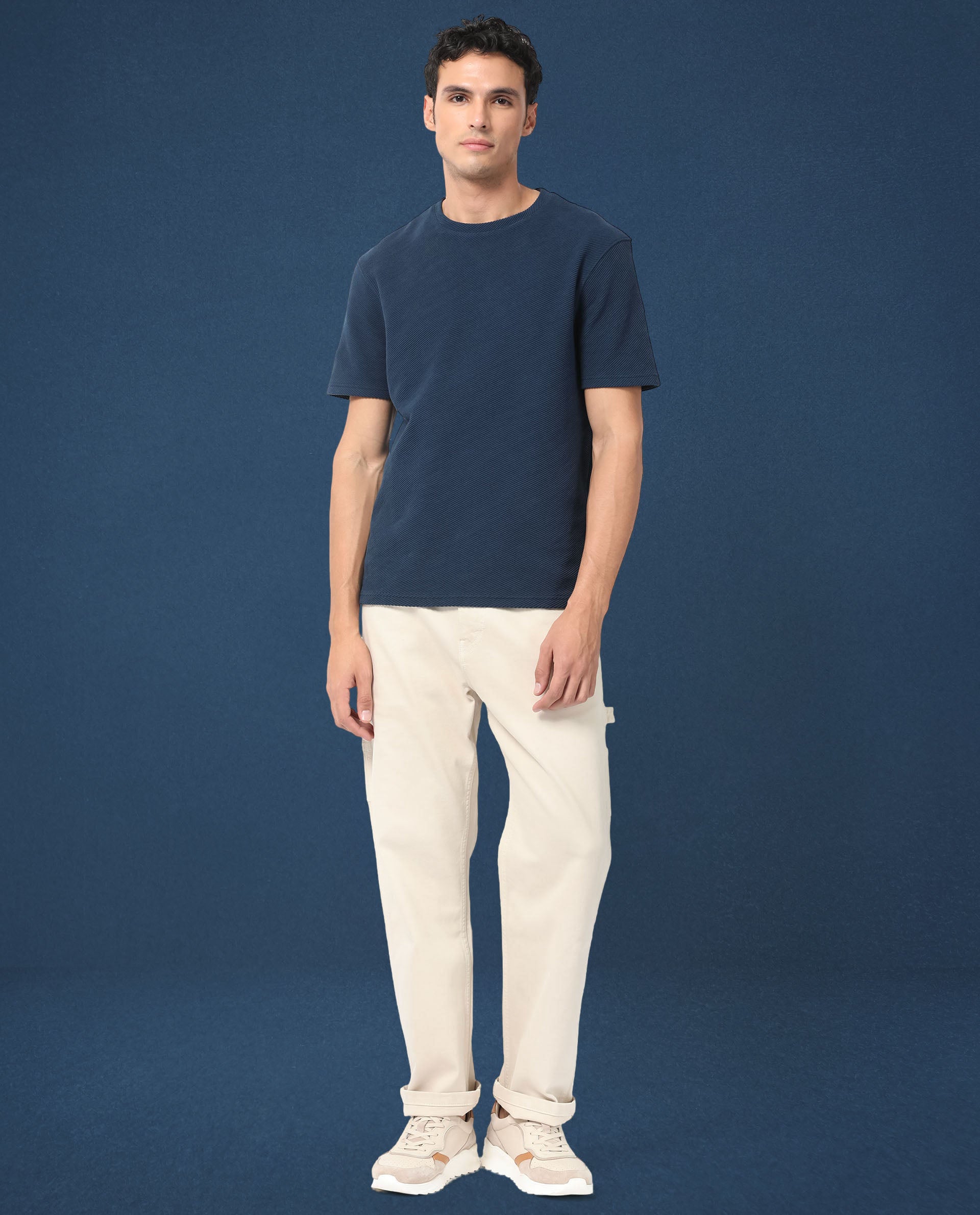 Rare Rabbit Men's Cas Petrol Solid Crew Neck Ottoman Textured Drop Shoulder Half Sleeves T-Shirt