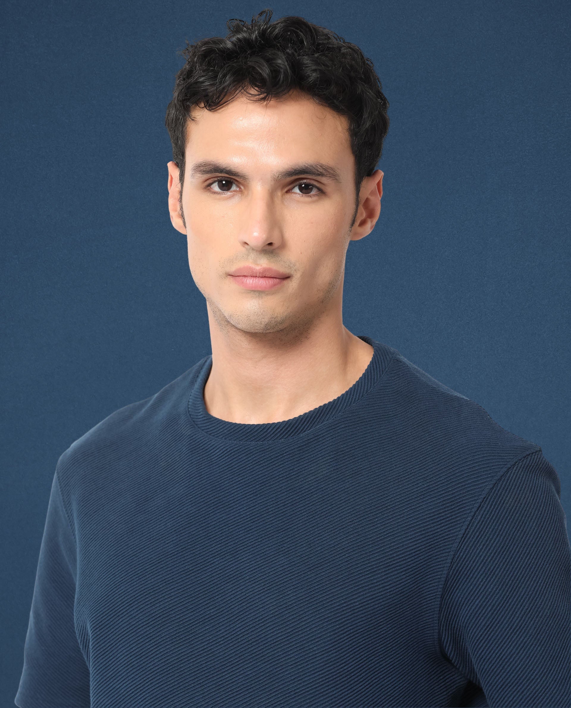 Rare Rabbit Men's Cas Petrol Solid Crew Neck Ottoman Textured Drop Shoulder Half Sleeves T-Shirt