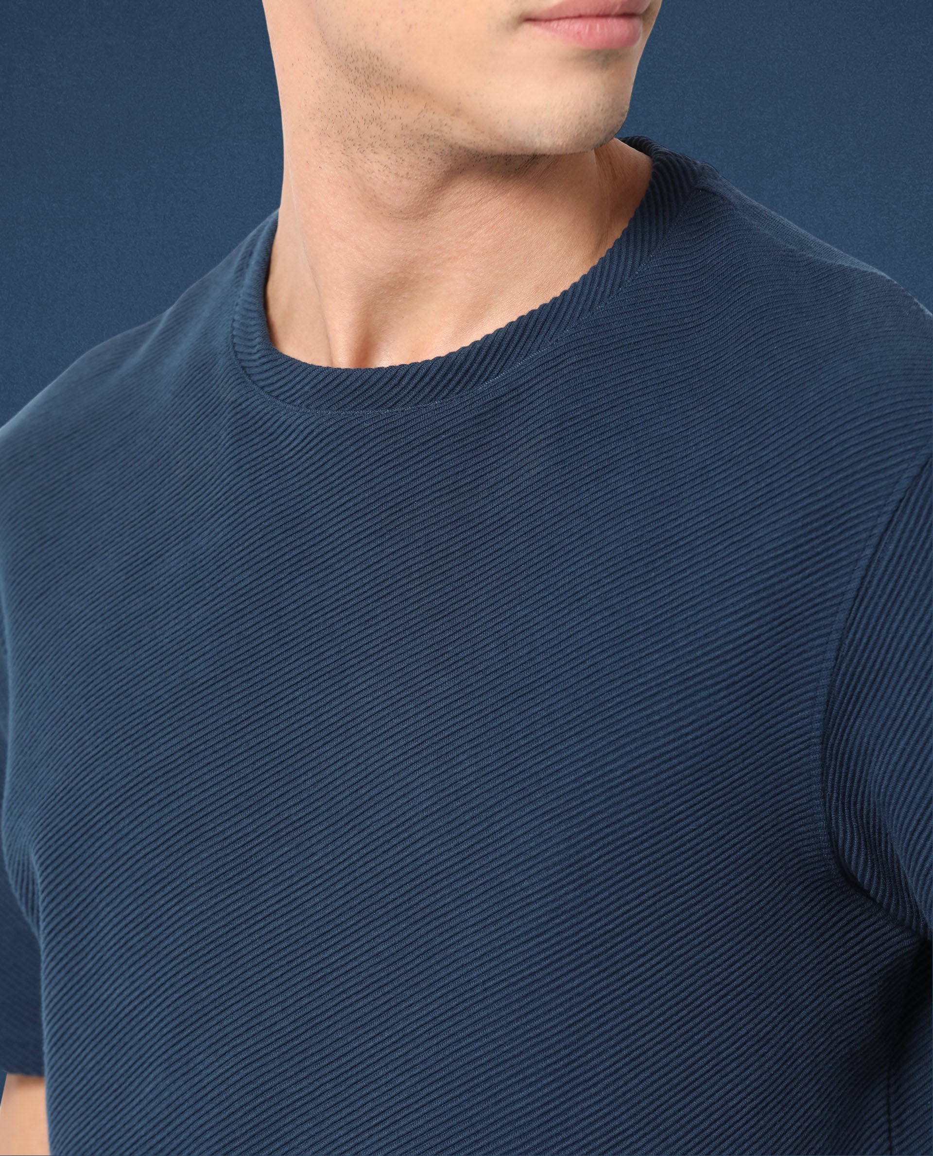 Rare Rabbit Men's Cas Petrol Solid Crew Neck Ottoman Textured Drop Shoulder Half Sleeves T-Shirt