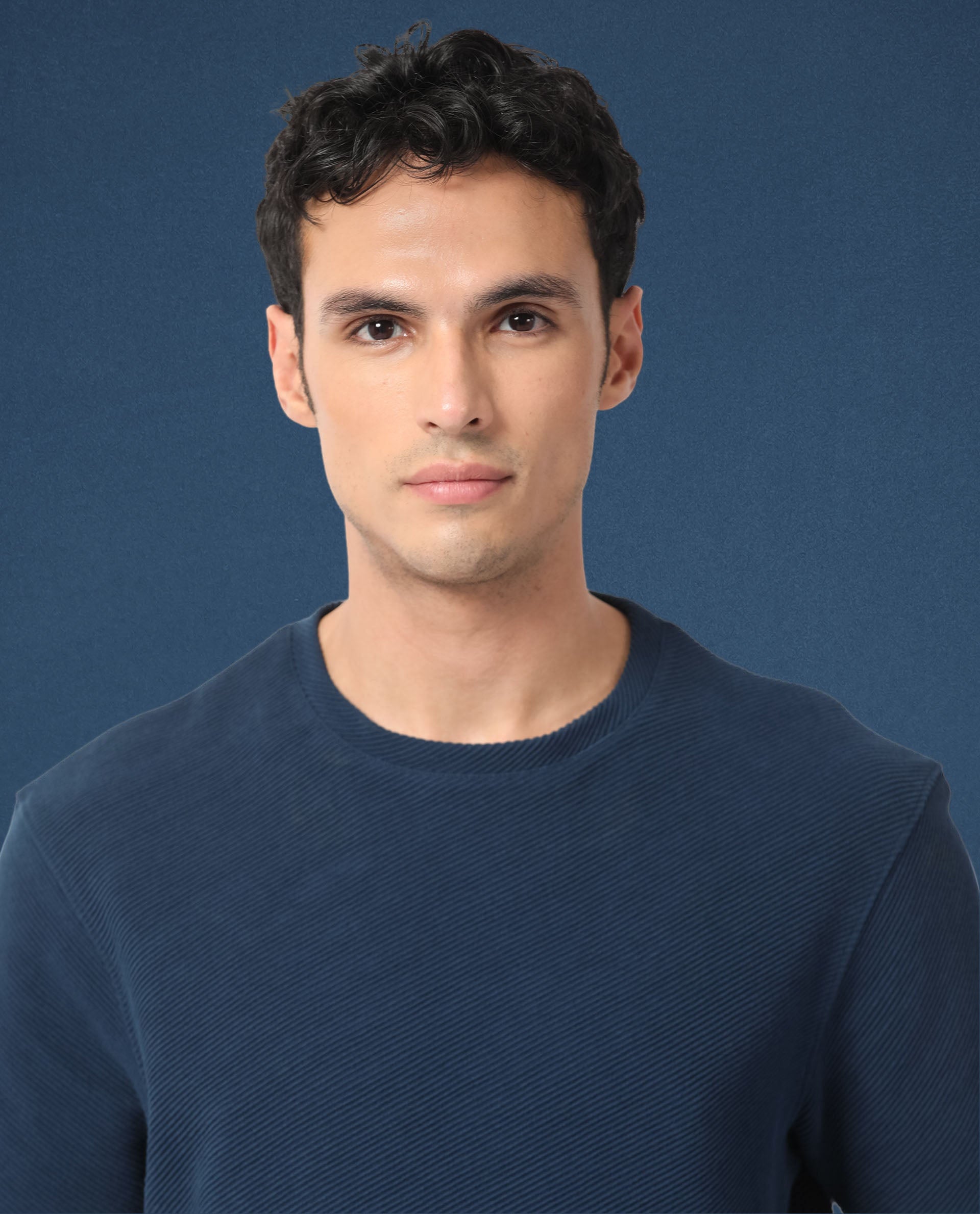 Rare Rabbit Men's Cas Petrol Solid Crew Neck Ottoman Textured Drop Shoulder Half Sleeves T-Shirt