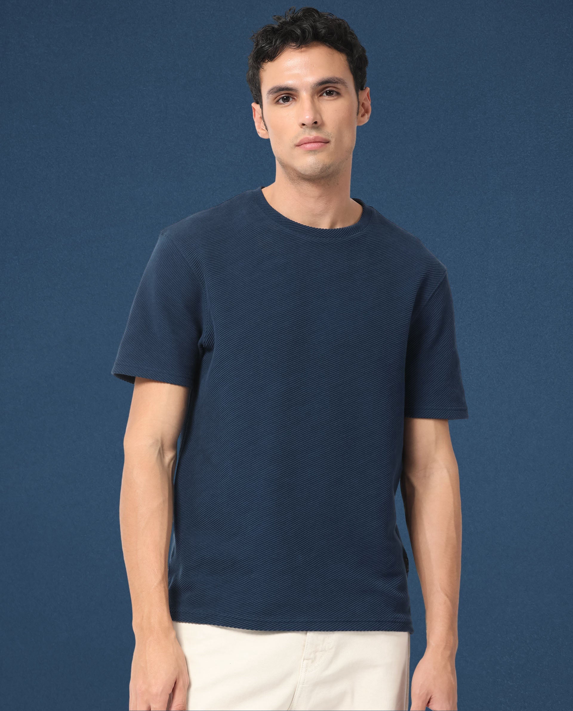 Rare Rabbit Men's Cas Petrol Solid Crew Neck Ottoman Textured Drop Shoulder Half Sleeves T-Shirt