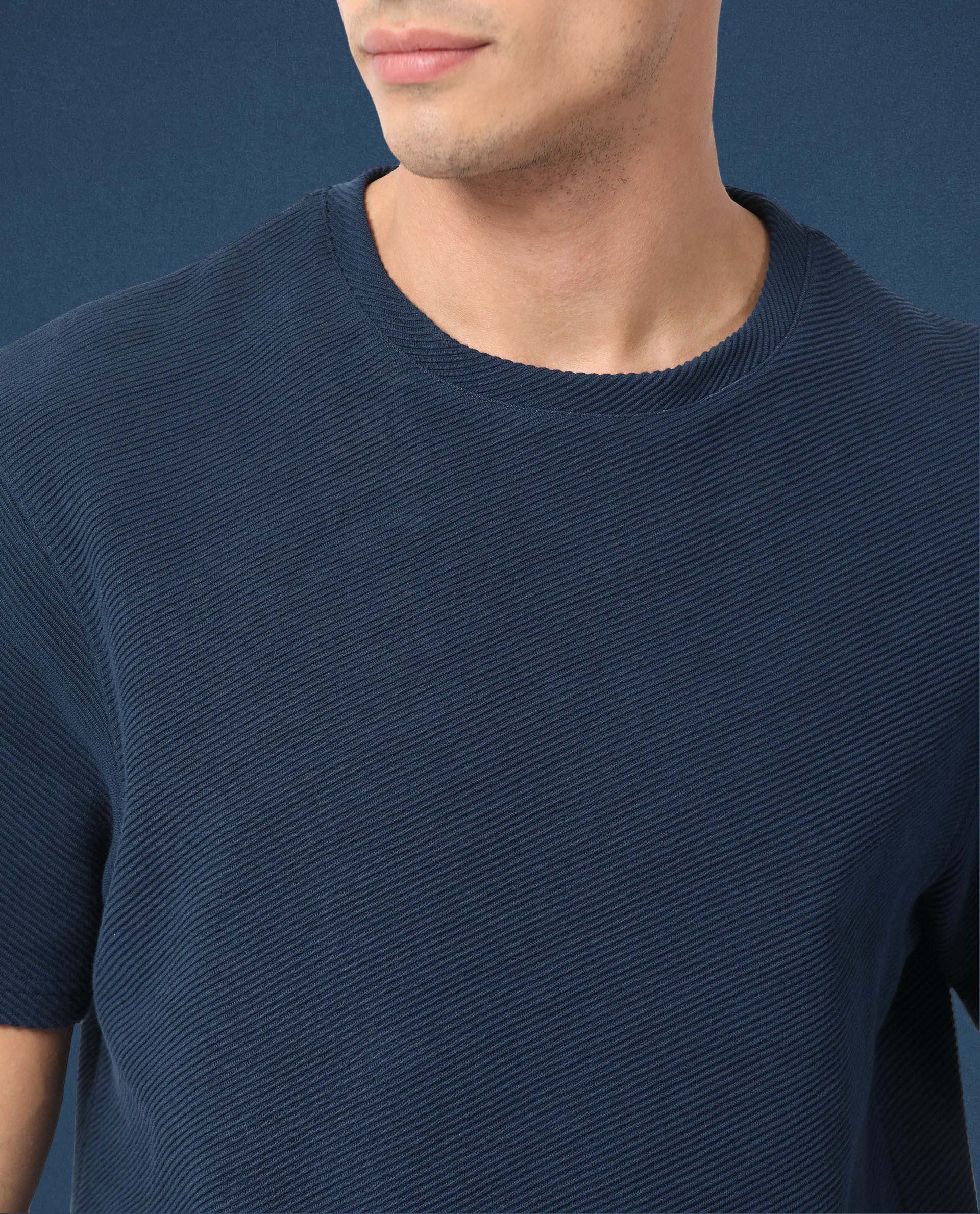 Rare Rabbit Men's Cas Petrol Solid Crew Neck Ottoman Textured Drop Shoulder Half Sleeves T-Shirt