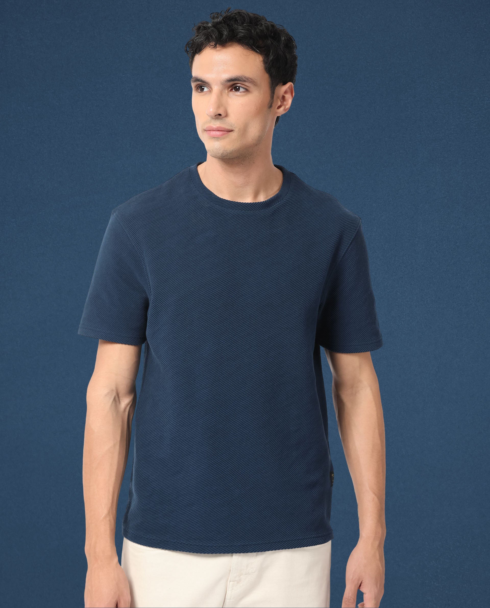 Rare Rabbit Men's Cas Petrol Solid Crew Neck Ottoman Textured Drop Shoulder Half Sleeves T-Shirt