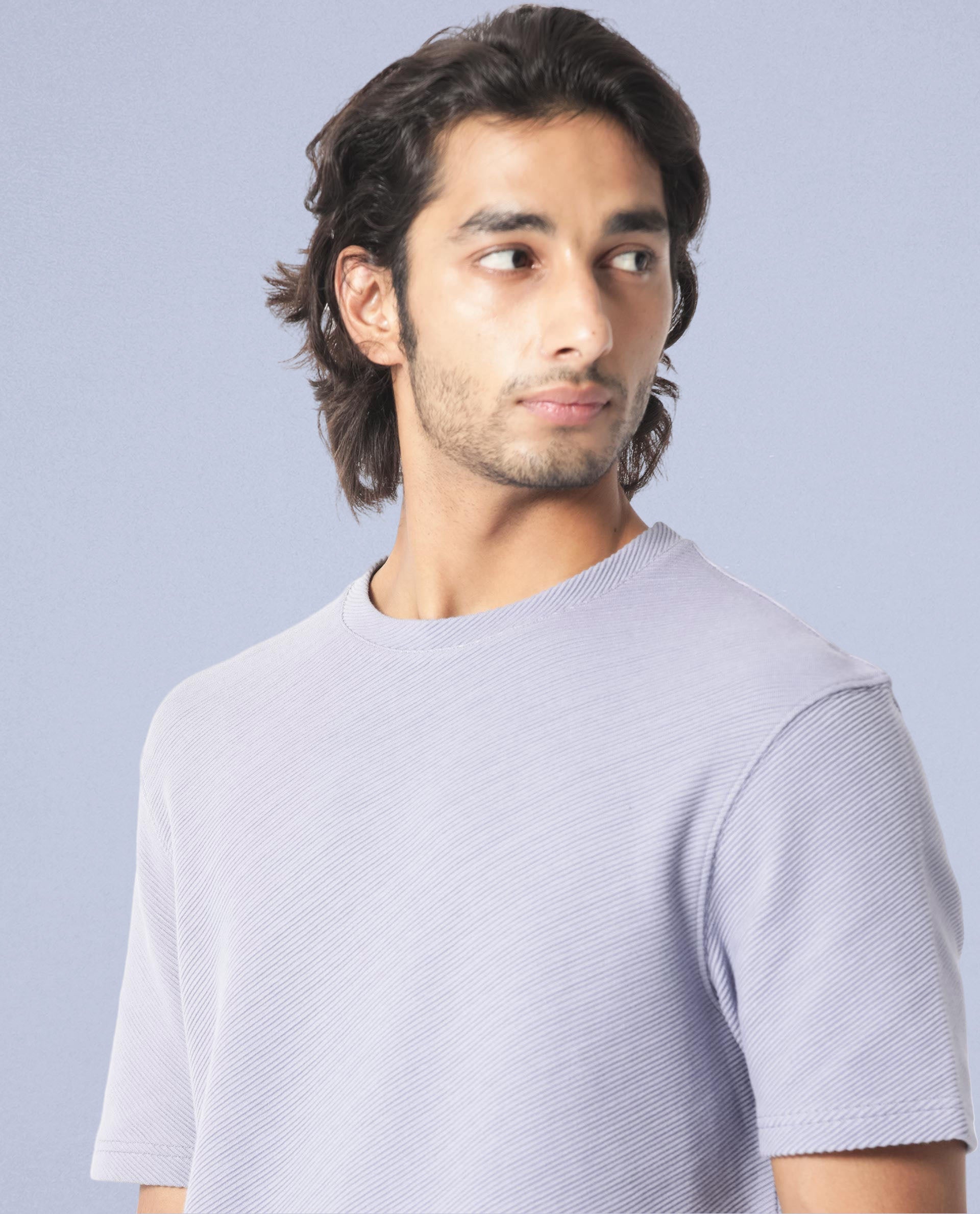 Rare Rabbit Men's Cas Purple Crew Neck Ottoman Textured Drop Shoulder Half Sleeves T-Shirt