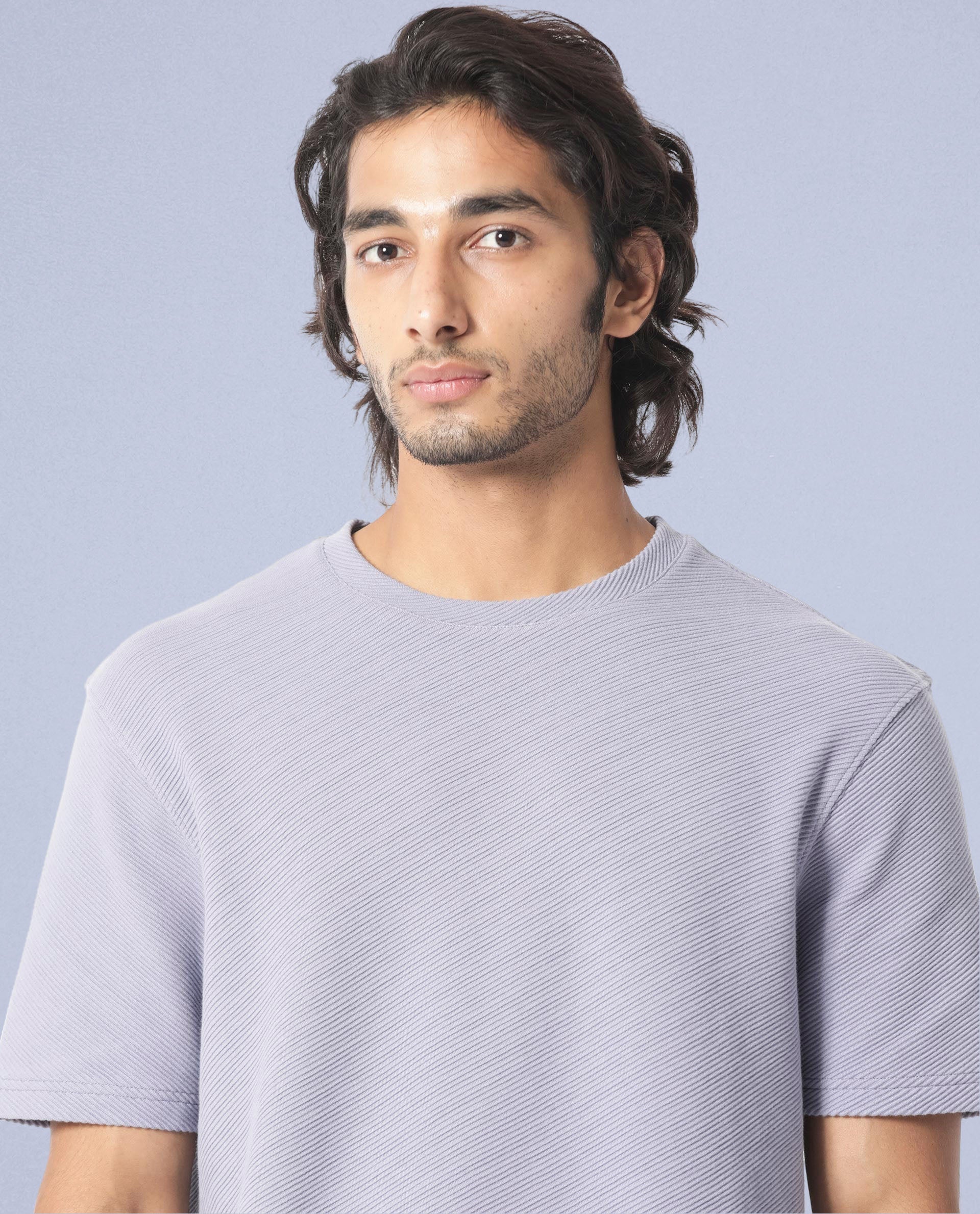 Rare Rabbit Men's Cas Purple Crew Neck Ottoman Textured Drop Shoulder Half Sleeves T-Shirt