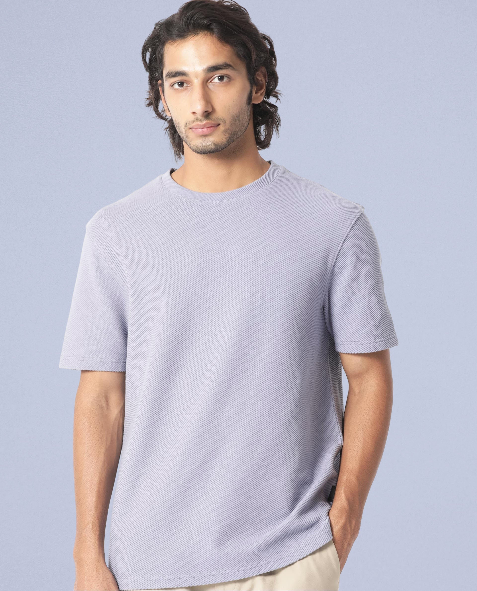 Rare Rabbit Men's Cas Purple Crew Neck Ottoman Textured Drop Shoulder Half Sleeves T-Shirt