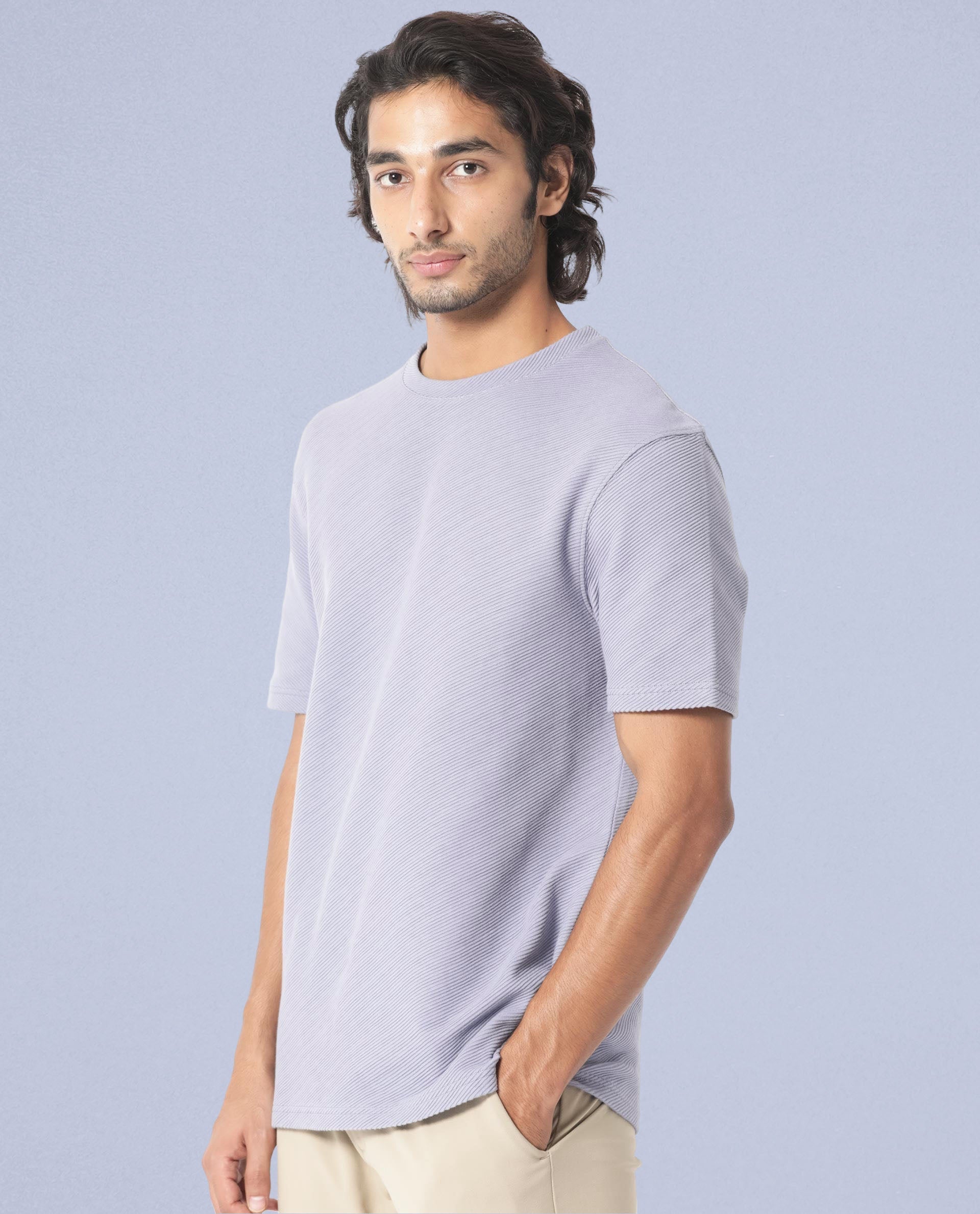 Rare Rabbit Men's Cas Purple Crew Neck Ottoman Textured Drop Shoulder Half Sleeves T-Shirt