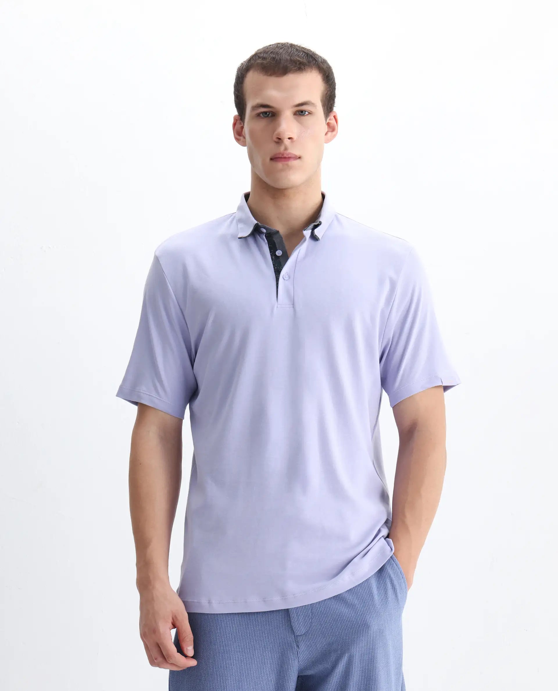 Rare Rabbit Men's Casca Pastel Purple Cotton Plain Regular Fit Half Sleeve Polo