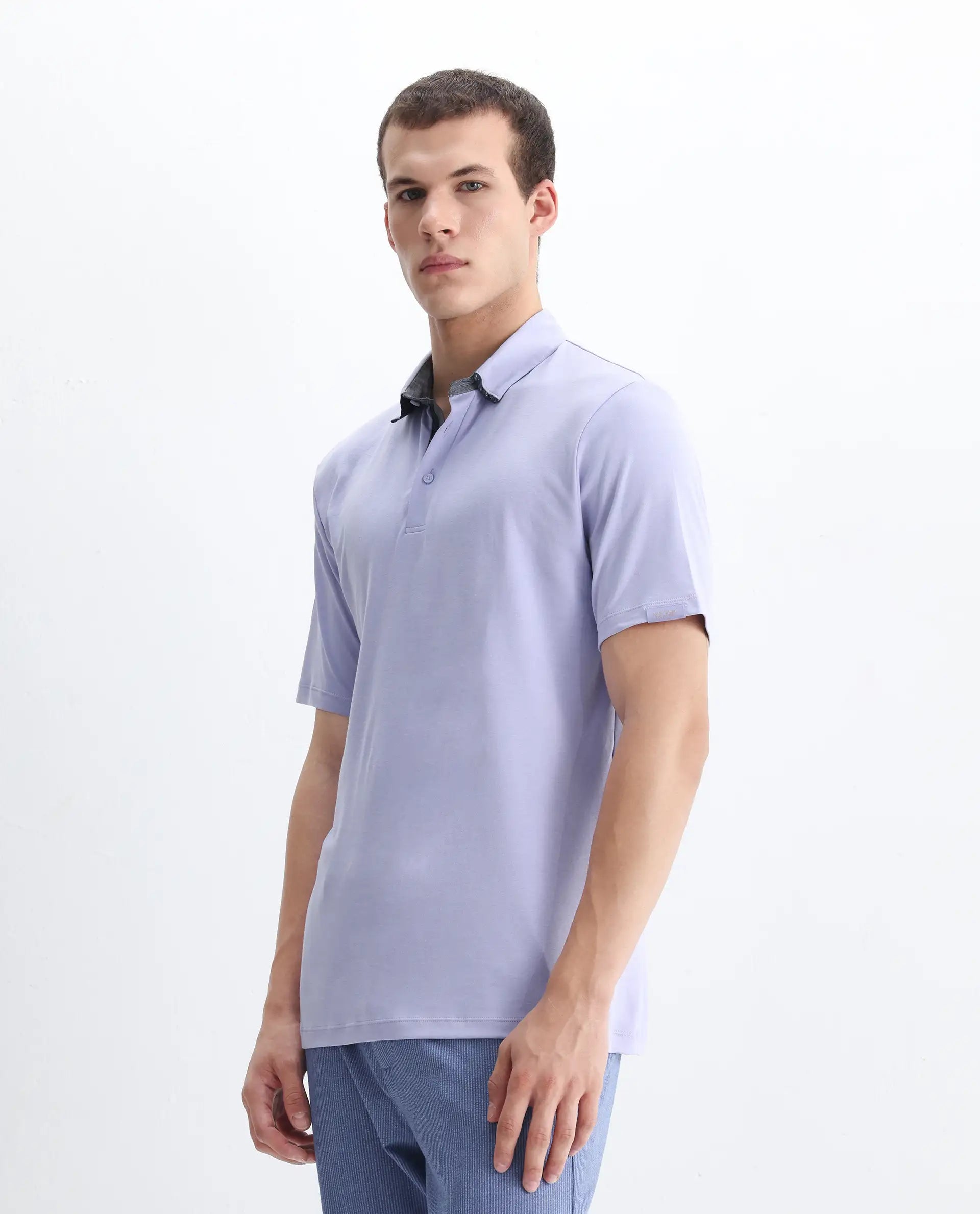 Rare Rabbit Men's Casca Pastel Purple Cotton Plain Regular Fit Half Sleeve Polo