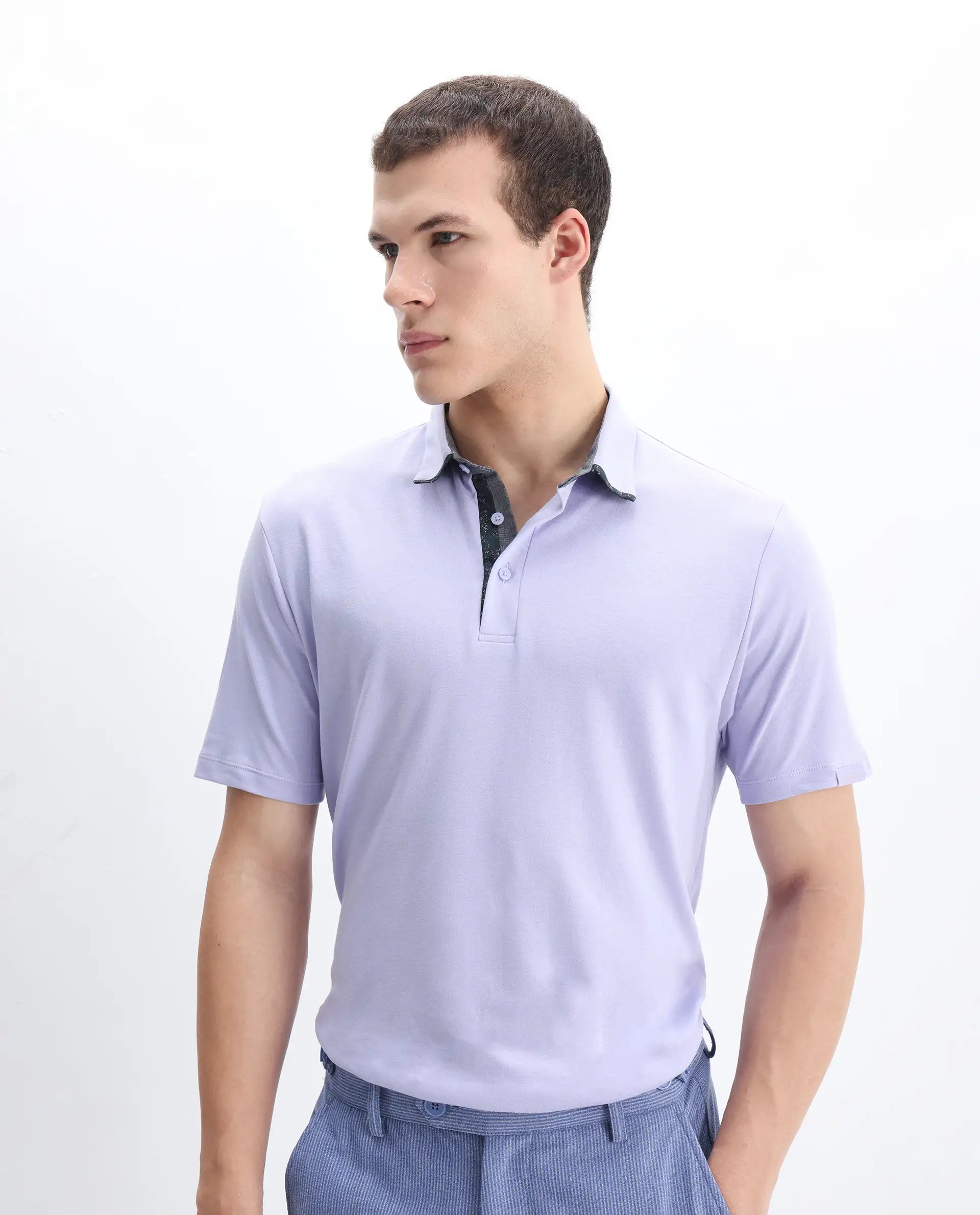 Rare Rabbit Men's Casca Pastel Purple Cotton Plain Regular Fit Half Sleeve Polo
