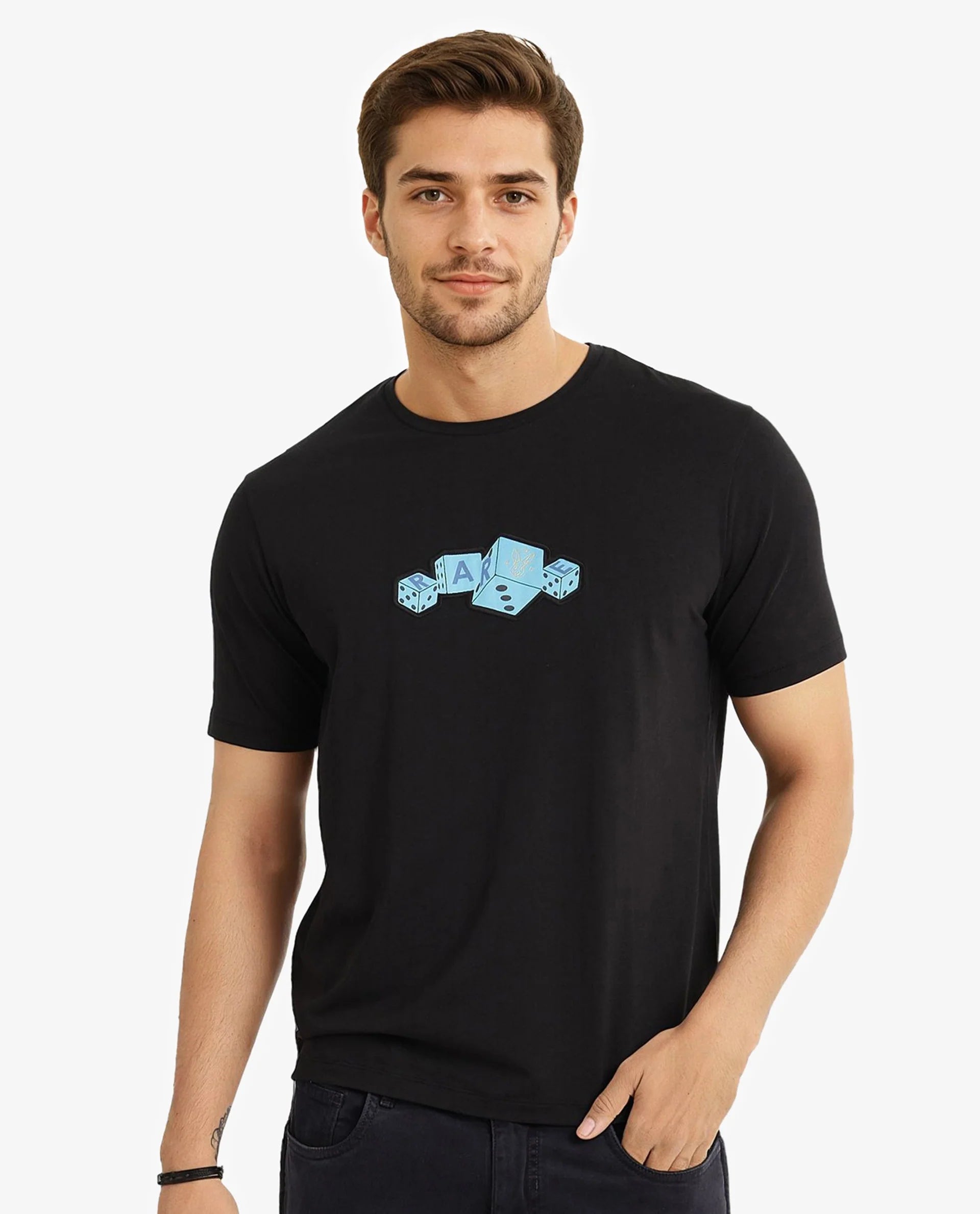 Rare Rabbit Men Cason Black Cotton Lycra Fabric Short Sleeve Crew Neck Regular Fit Graphic Print T-Shirt