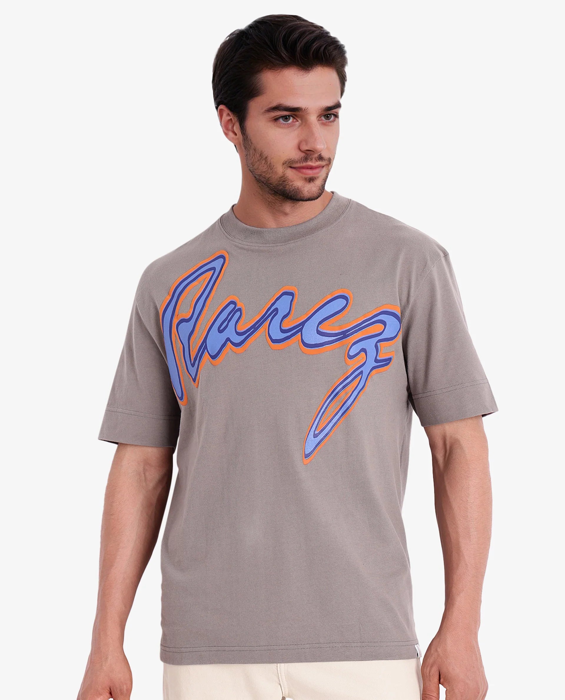 Rare Rabbit Men Casse Light Grey Short Sleeve Crew Neck Oversized Fit Printed T-Shirt