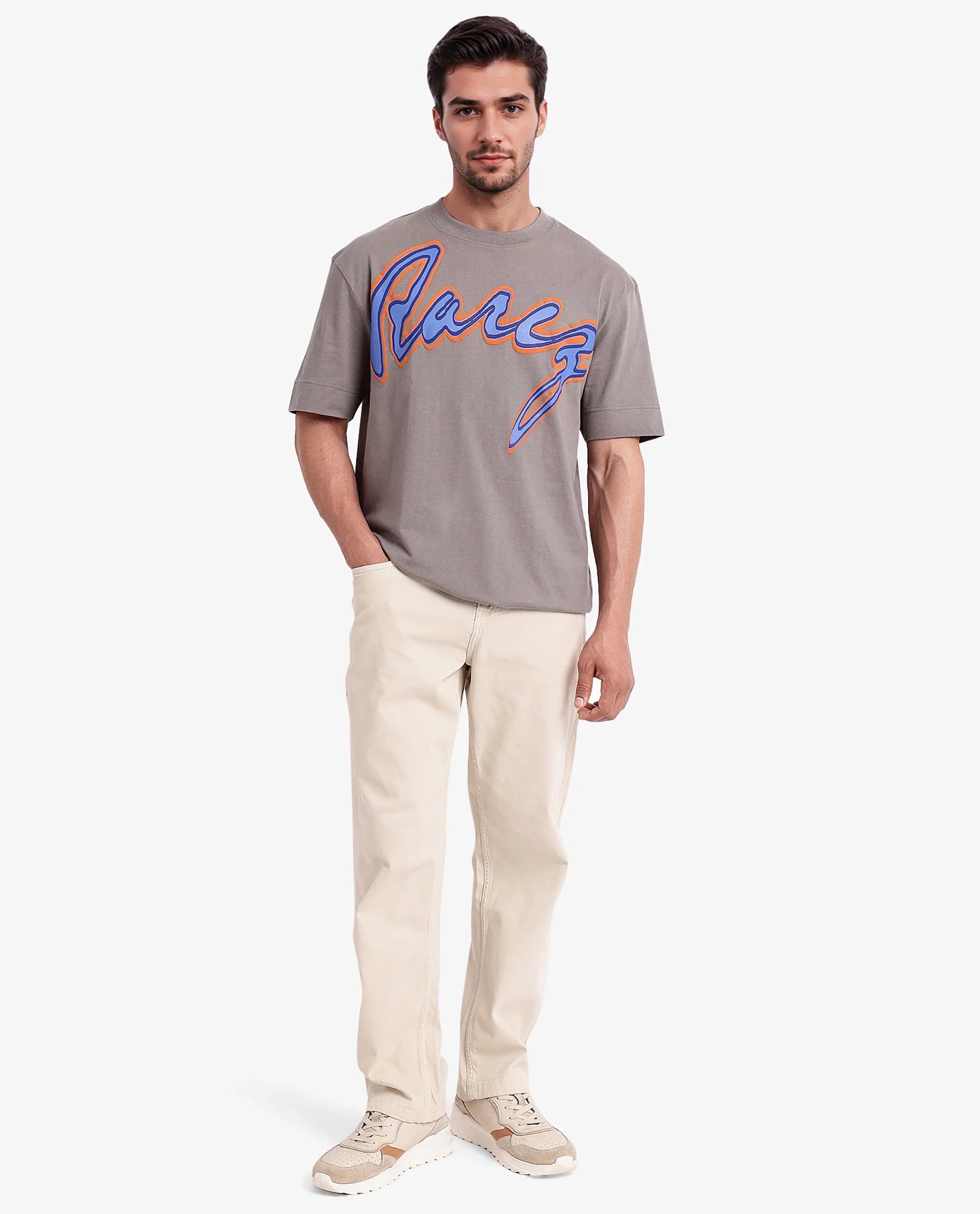 Rare Rabbit Men Casse Light Grey Short Sleeve Crew Neck Oversized Fit Printed T-Shirt