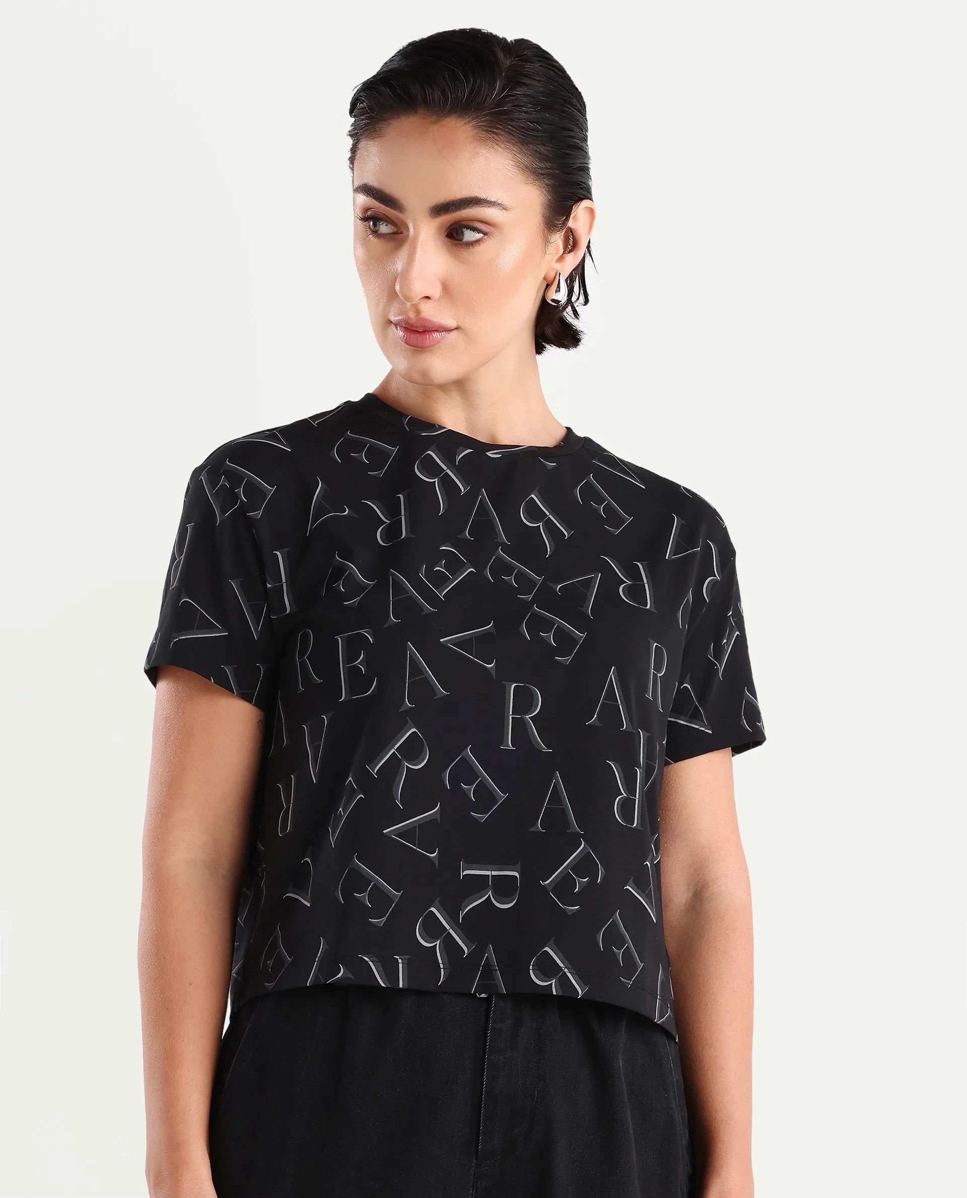 Rareism Women's Cassia Black Cotton Blend Crew Neck Monogram Print Crop Regular Fit T-Shirt