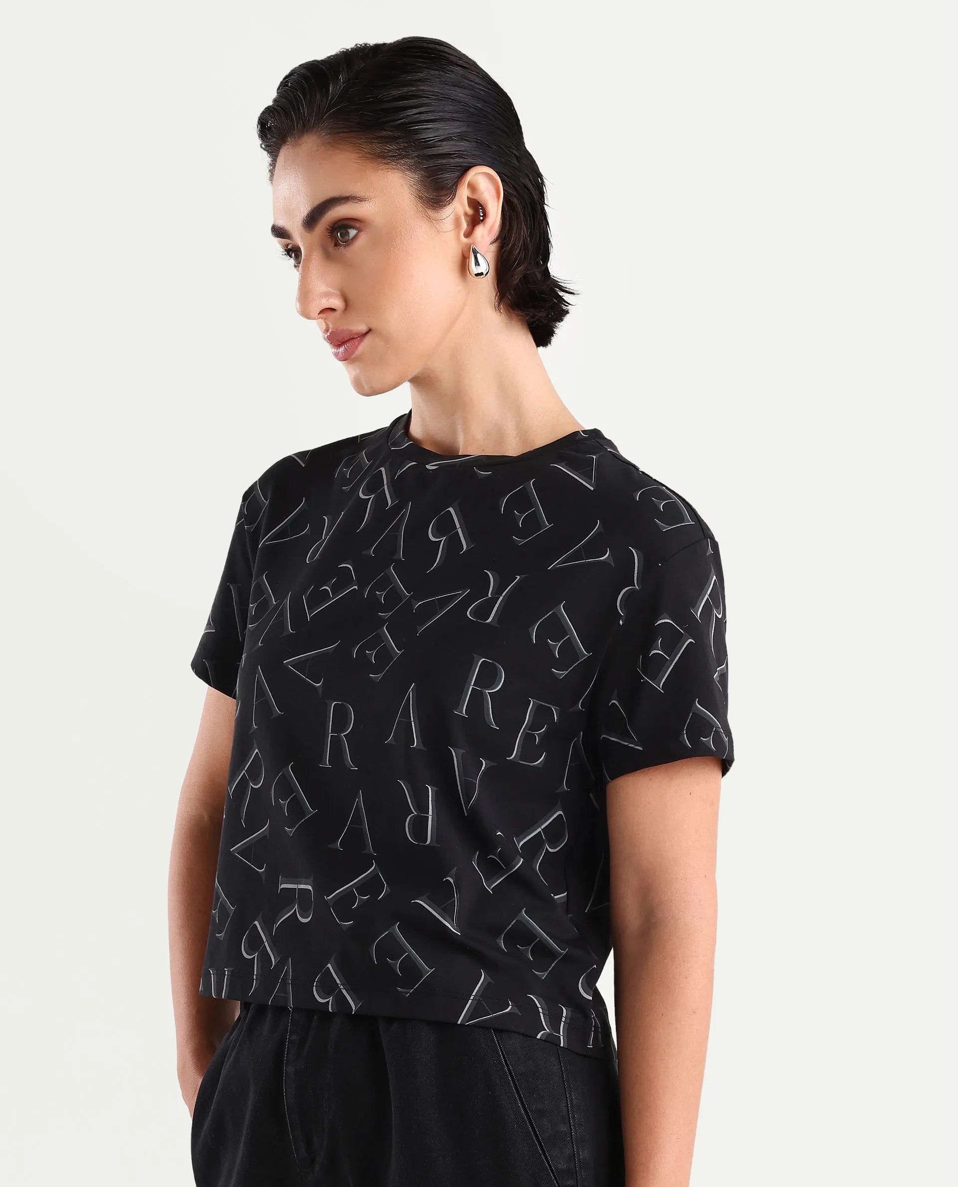 Rareism Women's Cassia Black Cotton Blend Crew Neck Monogram Print Crop Regular Fit T-Shirt