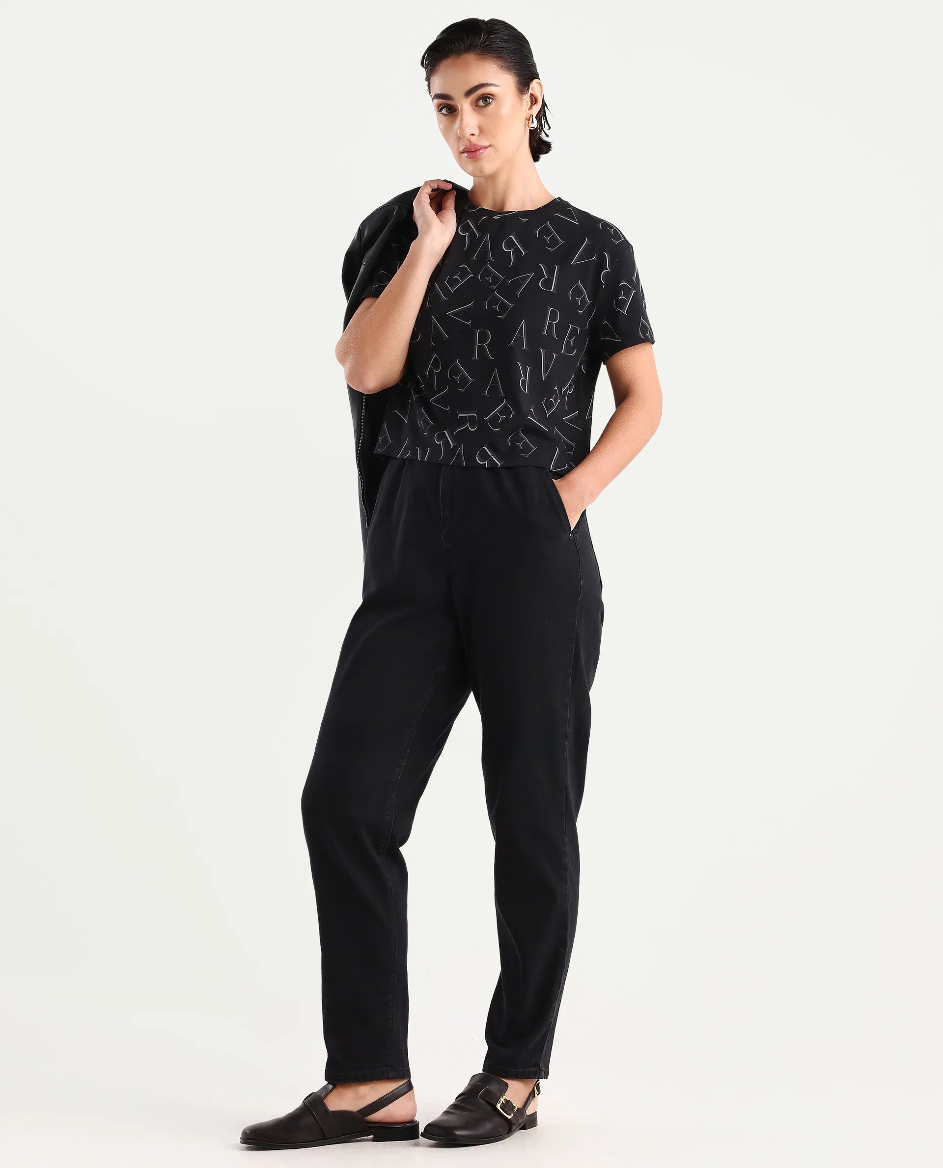 Rareism Women's Cassia Black Cotton Blend Crew Neck Monogram Print Crop Regular Fit T-Shirt