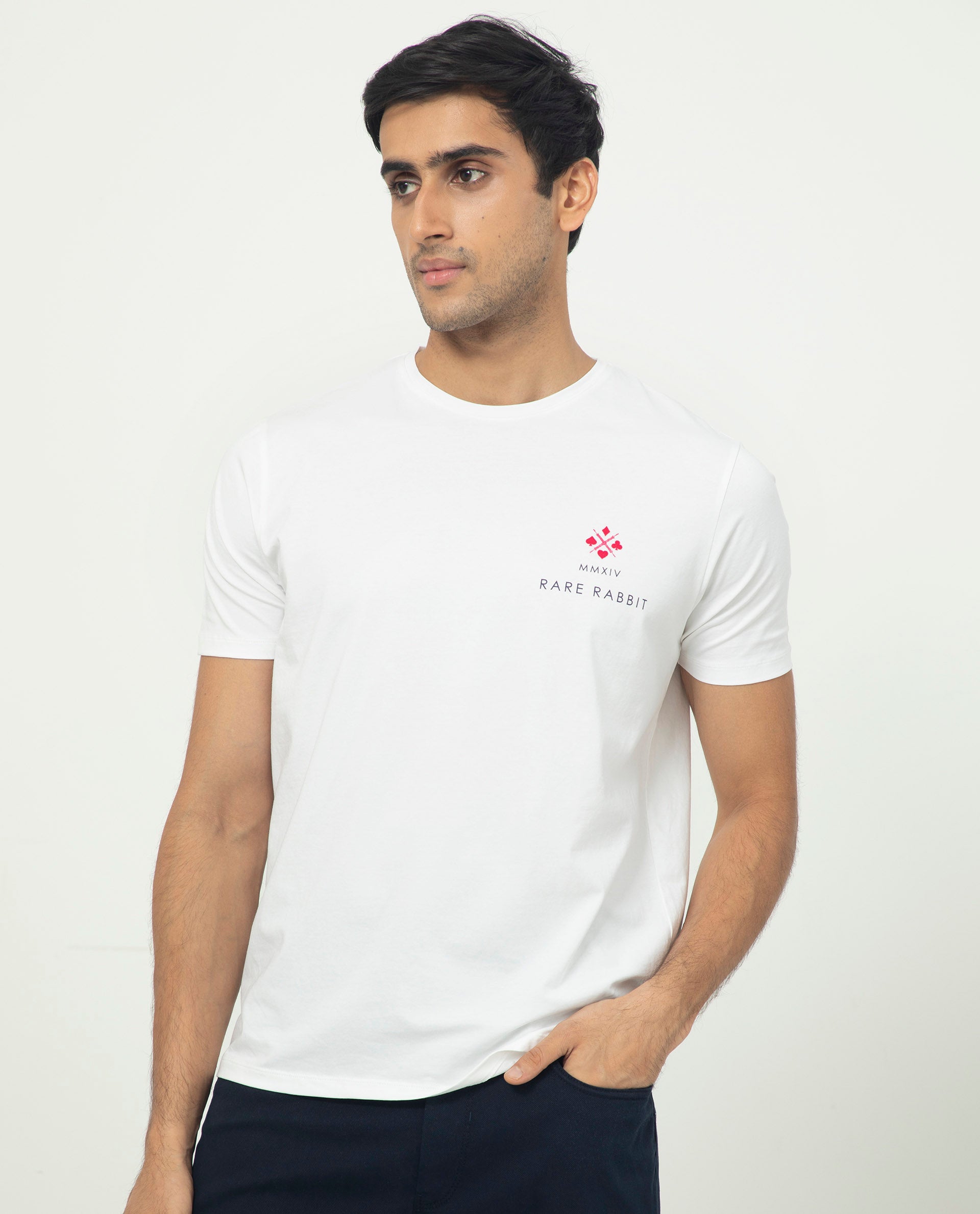 Rare Rabbit Men's Castel White Crew Neck Graphic Print Branded Half Sleeves T-Shirt