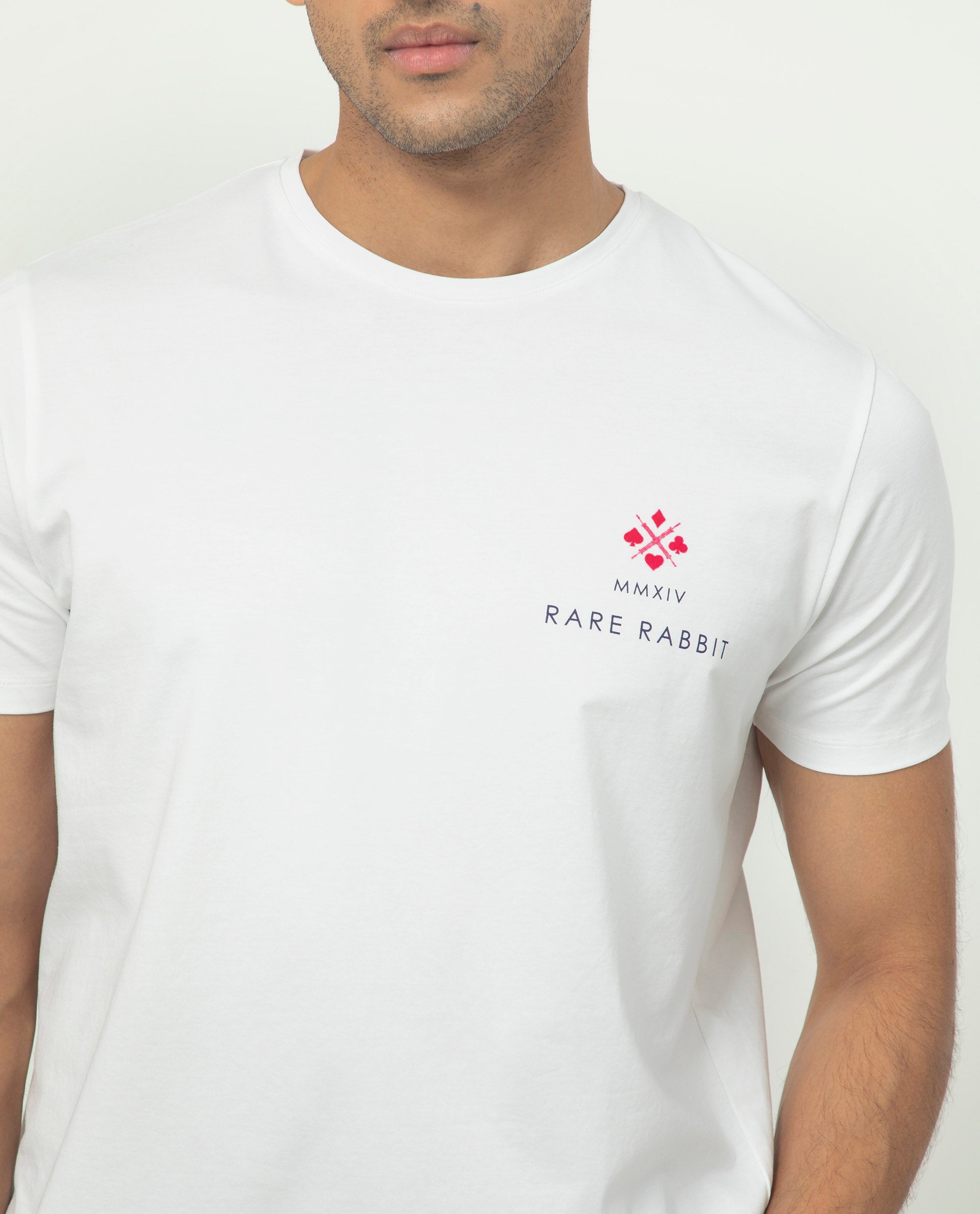 Rare Rabbit Men's Castel White Crew Neck Graphic Print Branded Half Sleeves T-Shirt