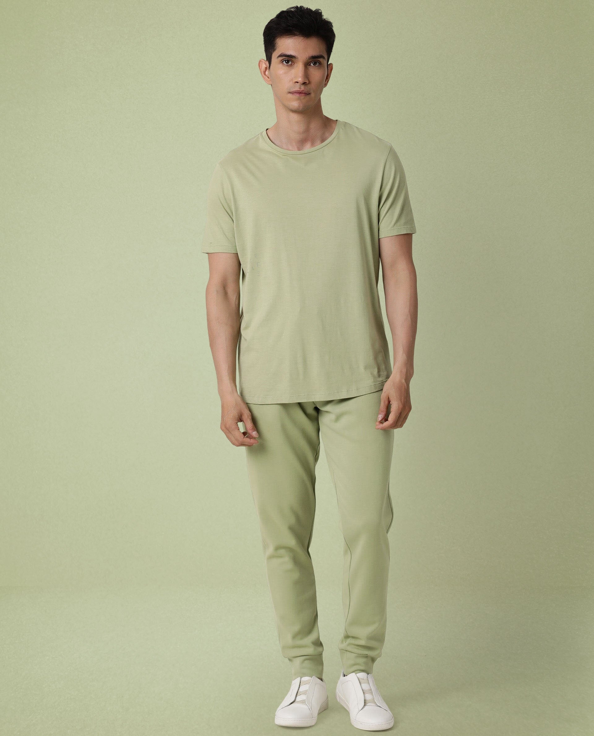 Rare Rabbit Articale Men's Cardamom Green Crew Neck Offset Branded T-shirt