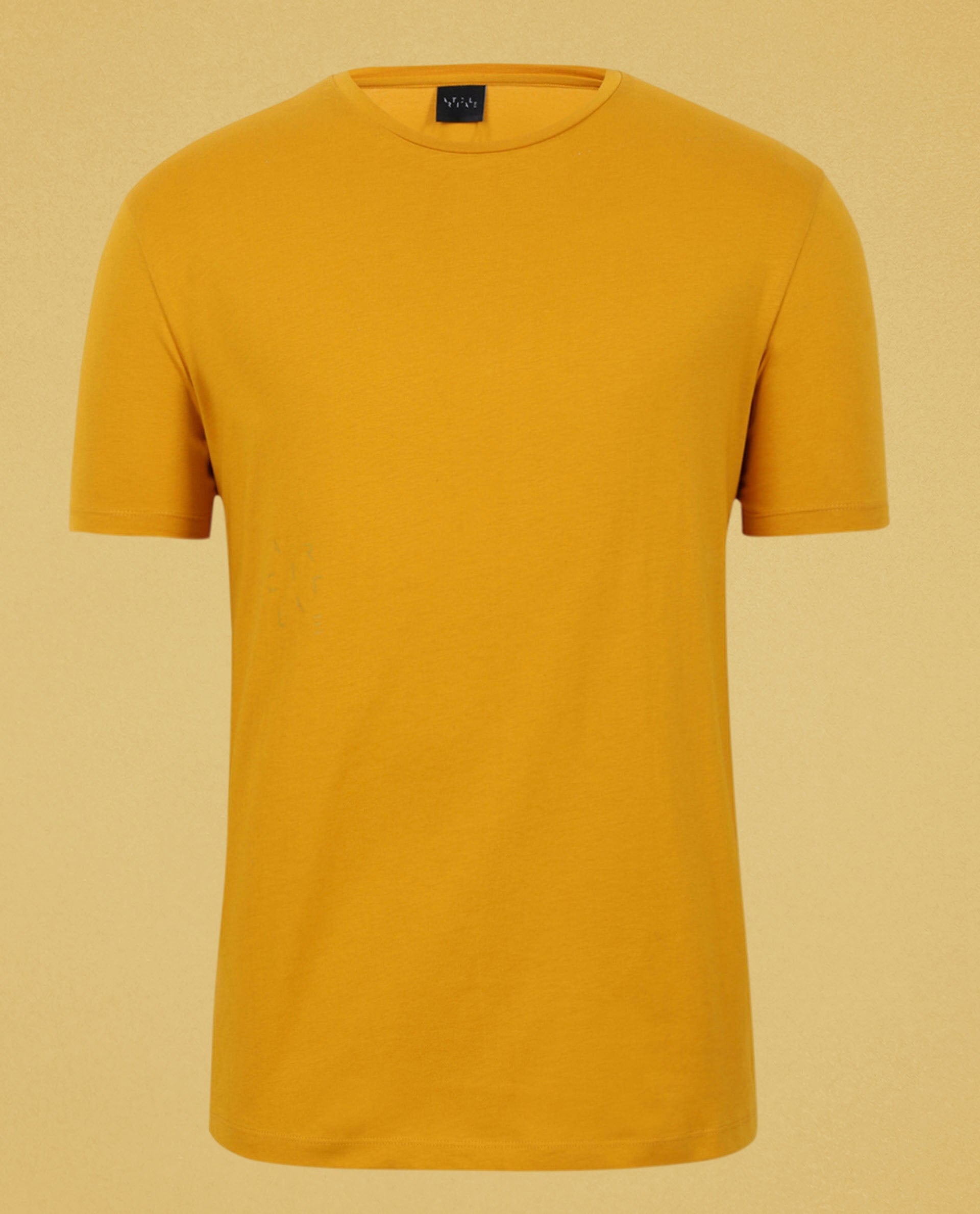 Rare Rabbit Articale Men's Caxel French Mustard Crew Neck Offset Brand Print Half Sleeves T-shirt