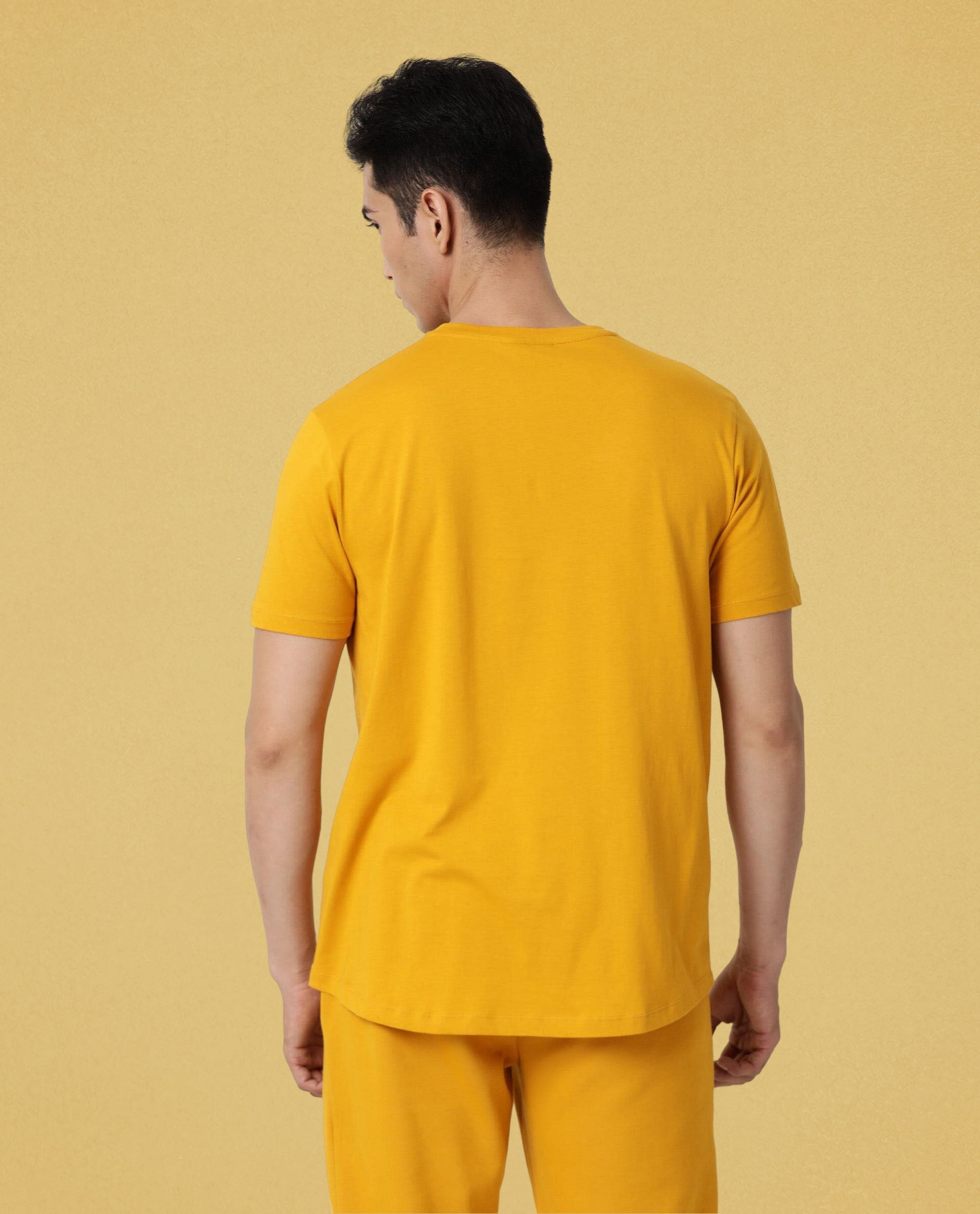 Rare Rabbit Articale Men's Caxel French Mustard Crew Neck Offset Brand Print Half Sleeves T-shirt