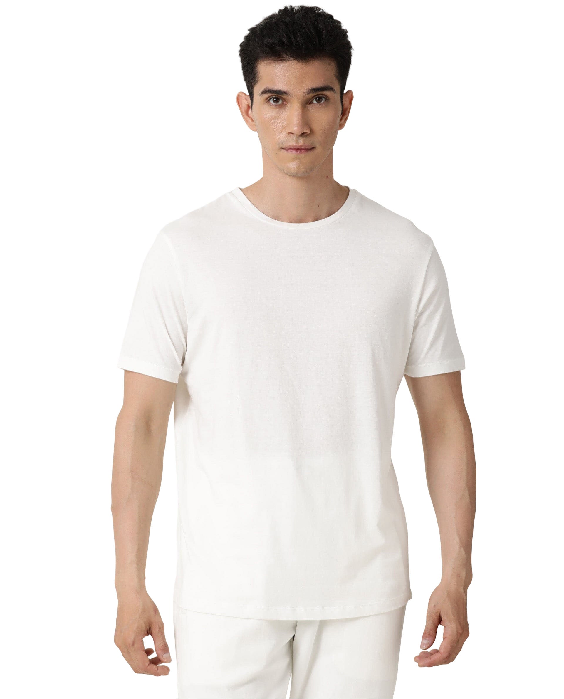 Rare Rabbit Articale Men's Caxel Ivory White Crew Neck Offset Brand Print Half Sleeves T-shirt