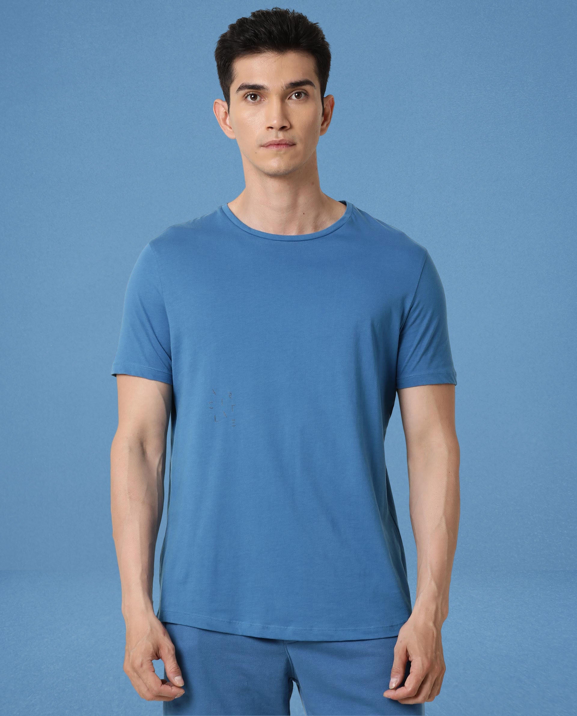 Rare Rabbit Articale Men's Caxel Enamel Blue Crew Neck Offset Brand Print Half Sleeves T-shirt