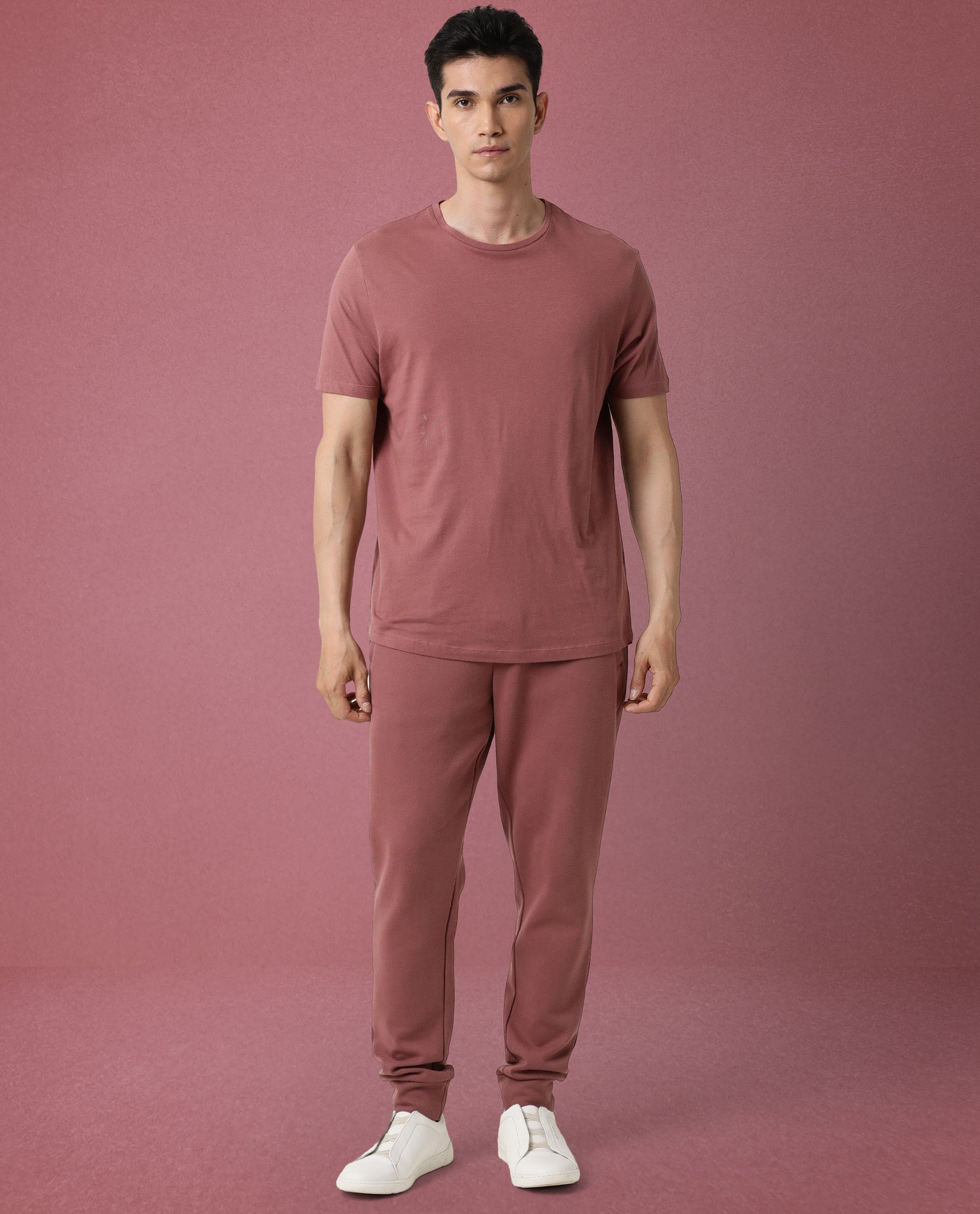 Rare Rabbit Articale Men's Caxel Pink Crew Neck Offset Brand Print Half Sleeves T-shirt