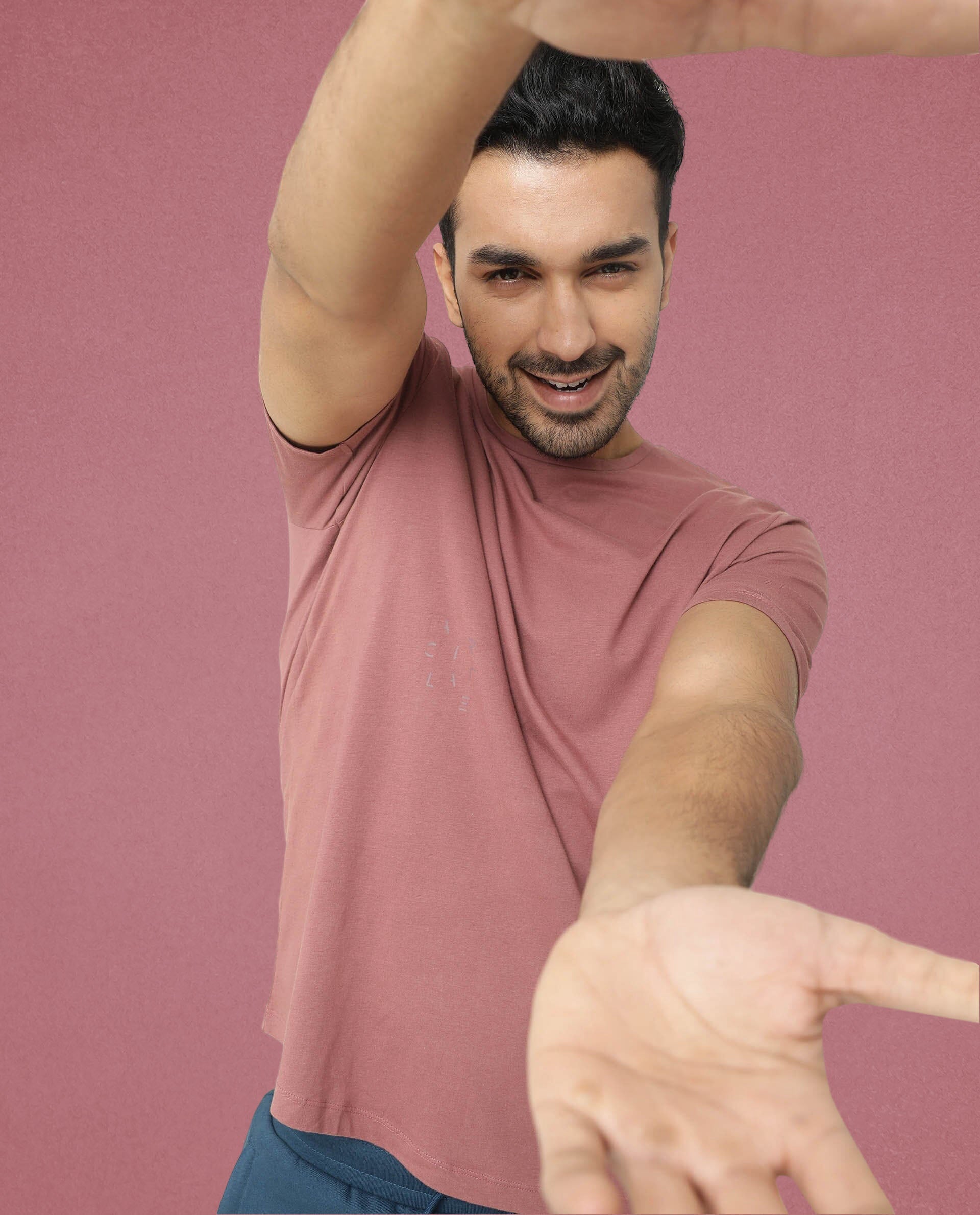 Rare Rabbit Articale Men's Caxel Pink Crew Neck Offset Brand Print Half Sleeves T-shirt