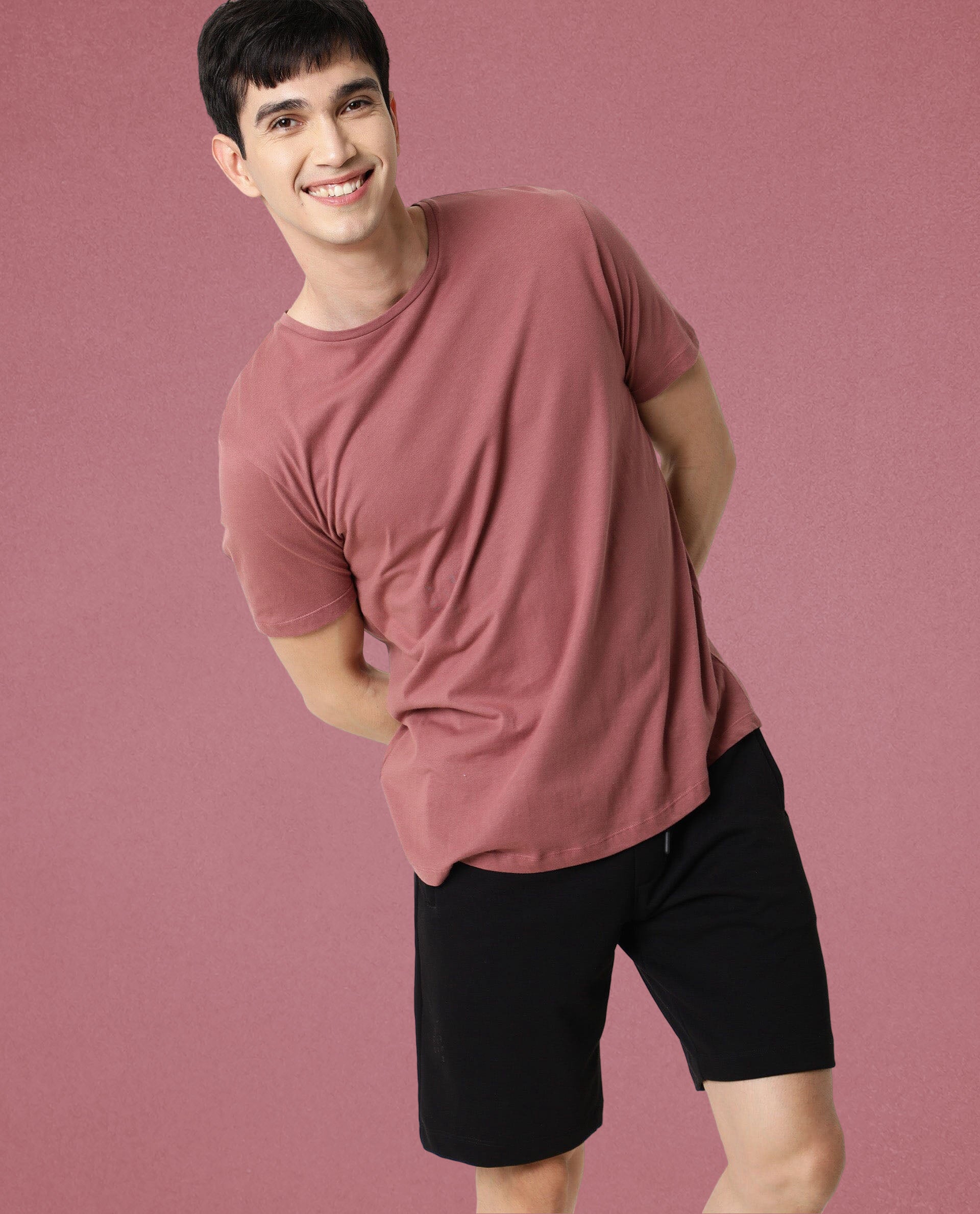 Rare Rabbit Articale Men's Caxel Pink Crew Neck Offset Brand Print Half Sleeves T-shirt