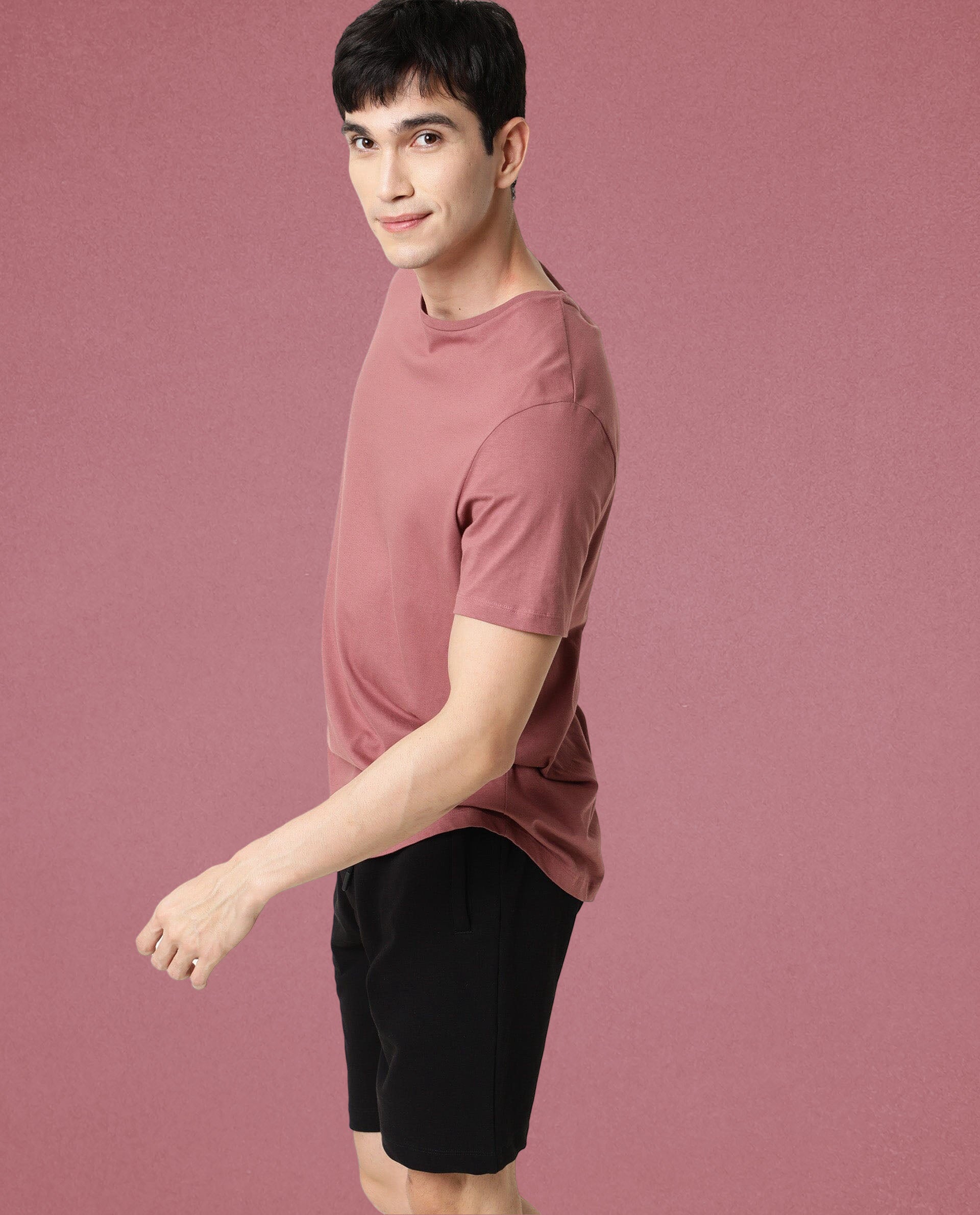 Rare Rabbit Articale Men's Caxel Pink Crew Neck Offset Brand Print Half Sleeves T-shirt