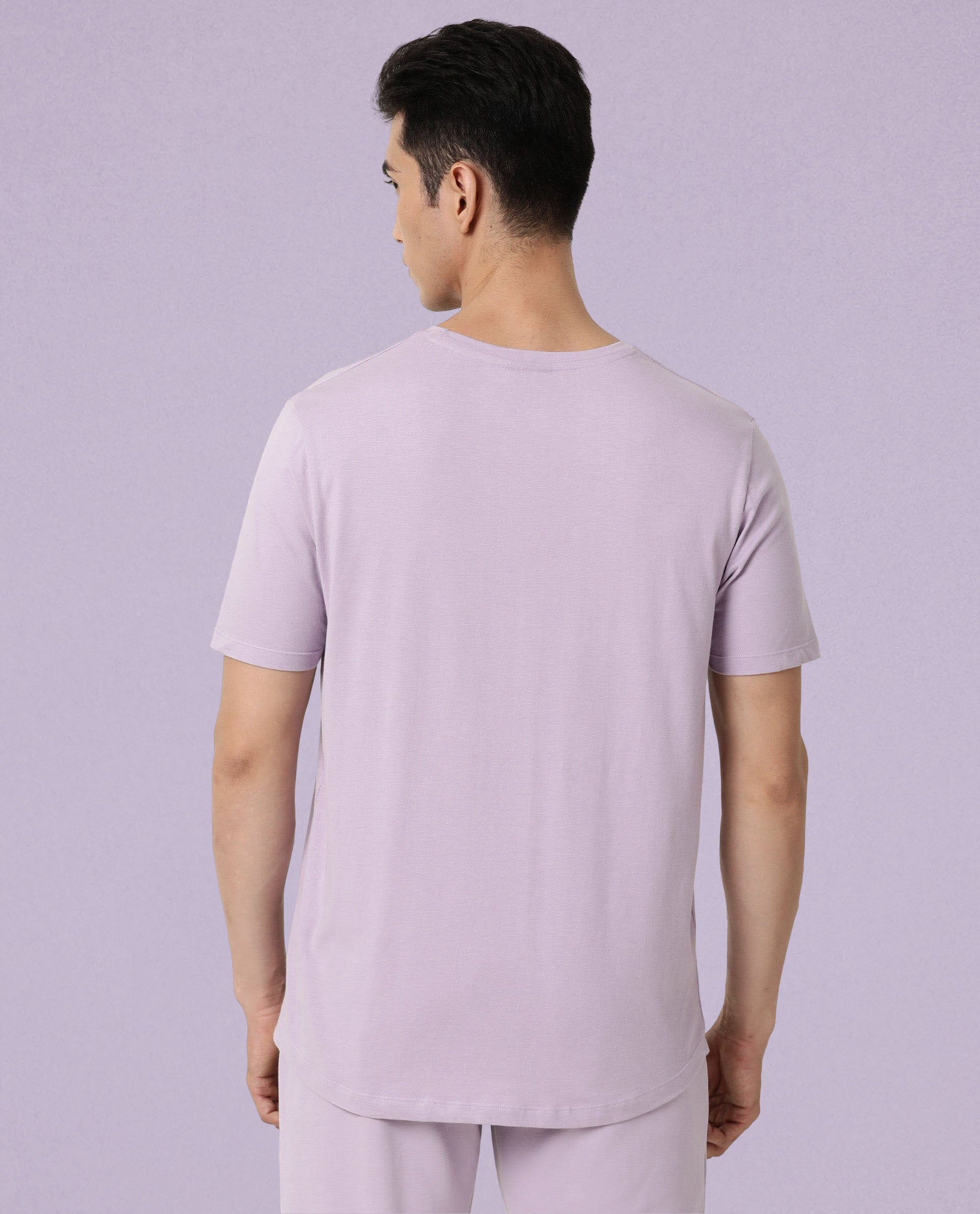 Rare Rabbit Articale Men's Caxel Pastel Lilac Crew Neck Offset Brand Print Half Sleeves T-shirt