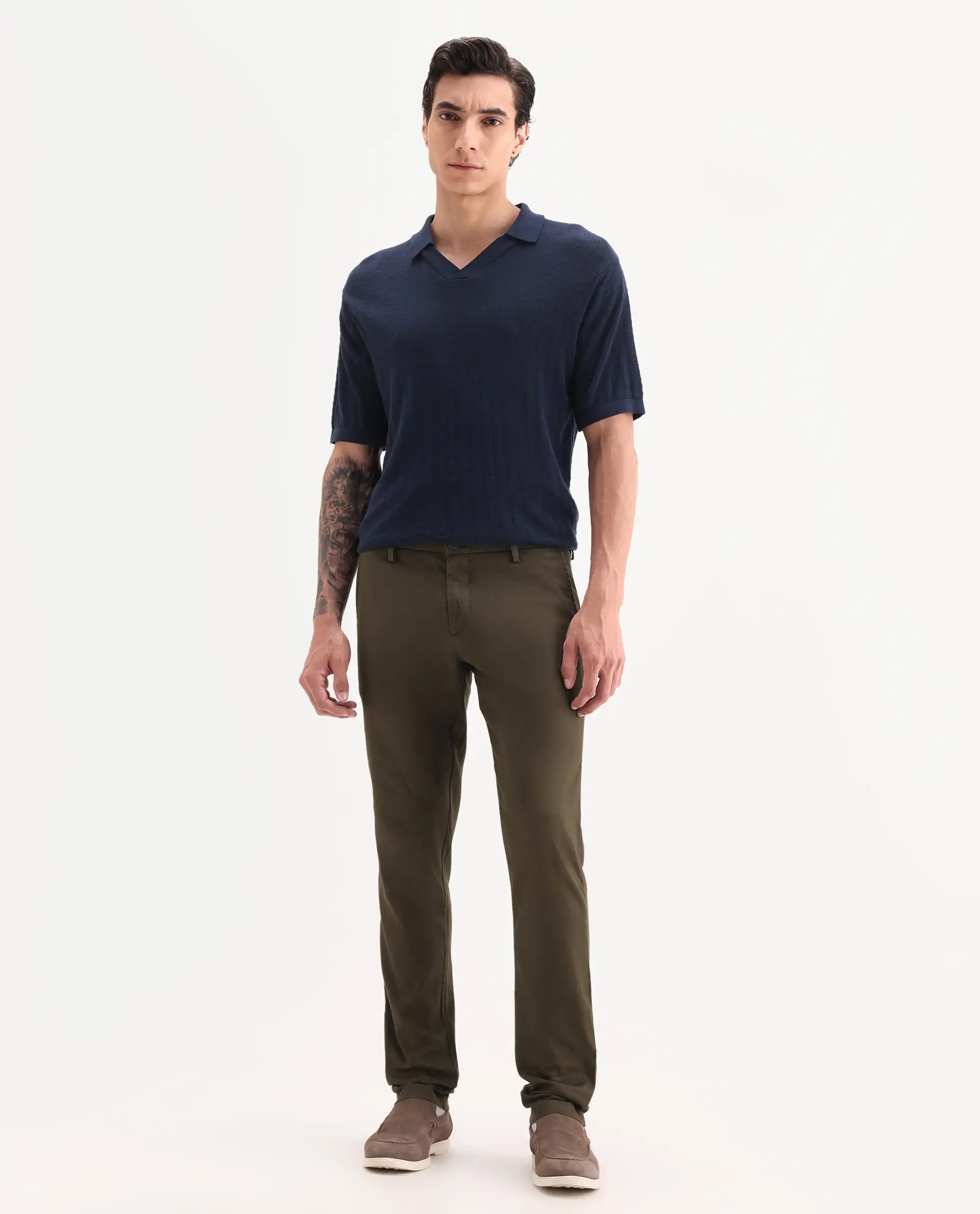 Rare Rabbit Men's Cellular Olive Cotton Plain Regular Fit Trouser