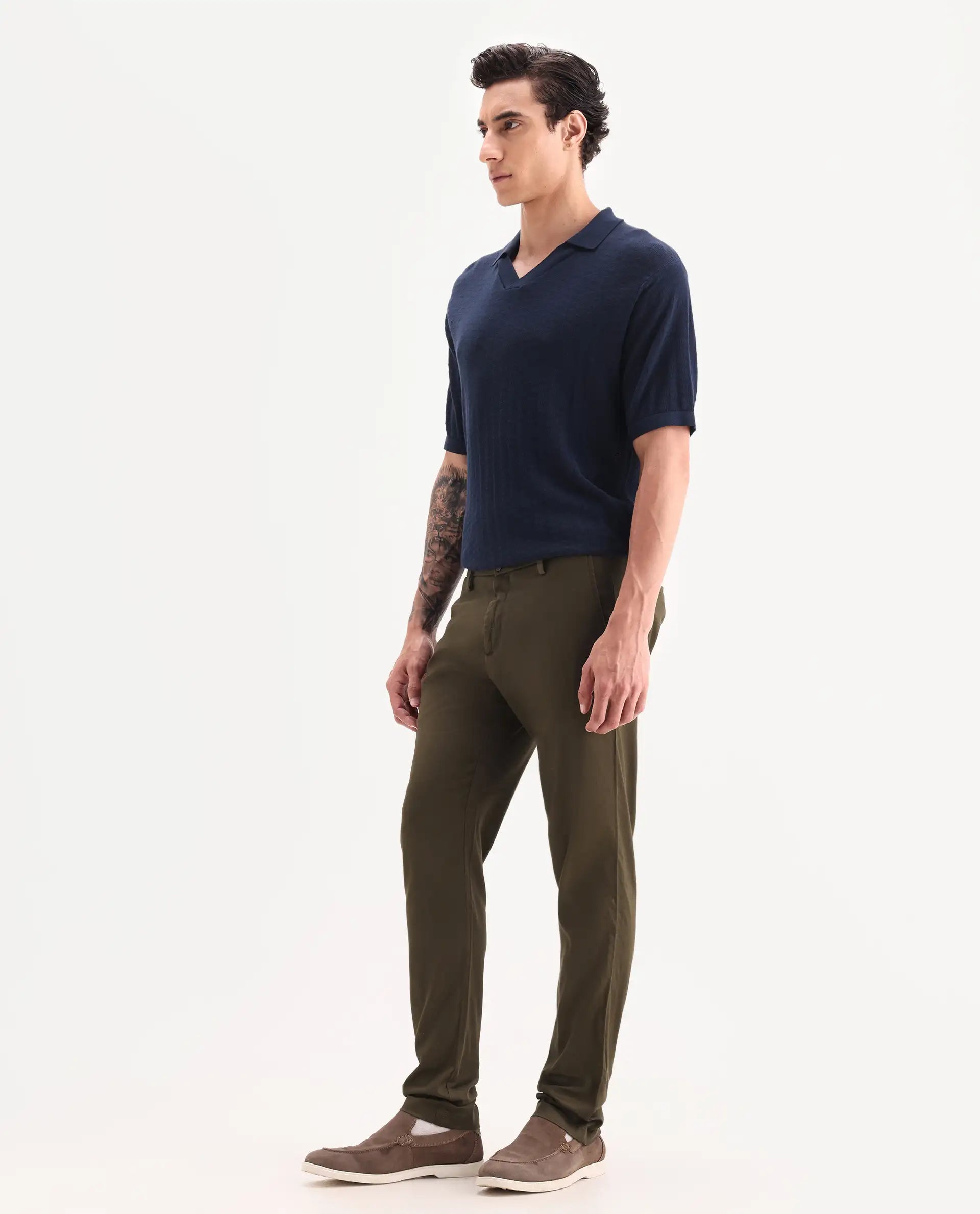Rare Rabbit Men's Cellular Olive Cotton Plain Regular Fit Trouser
