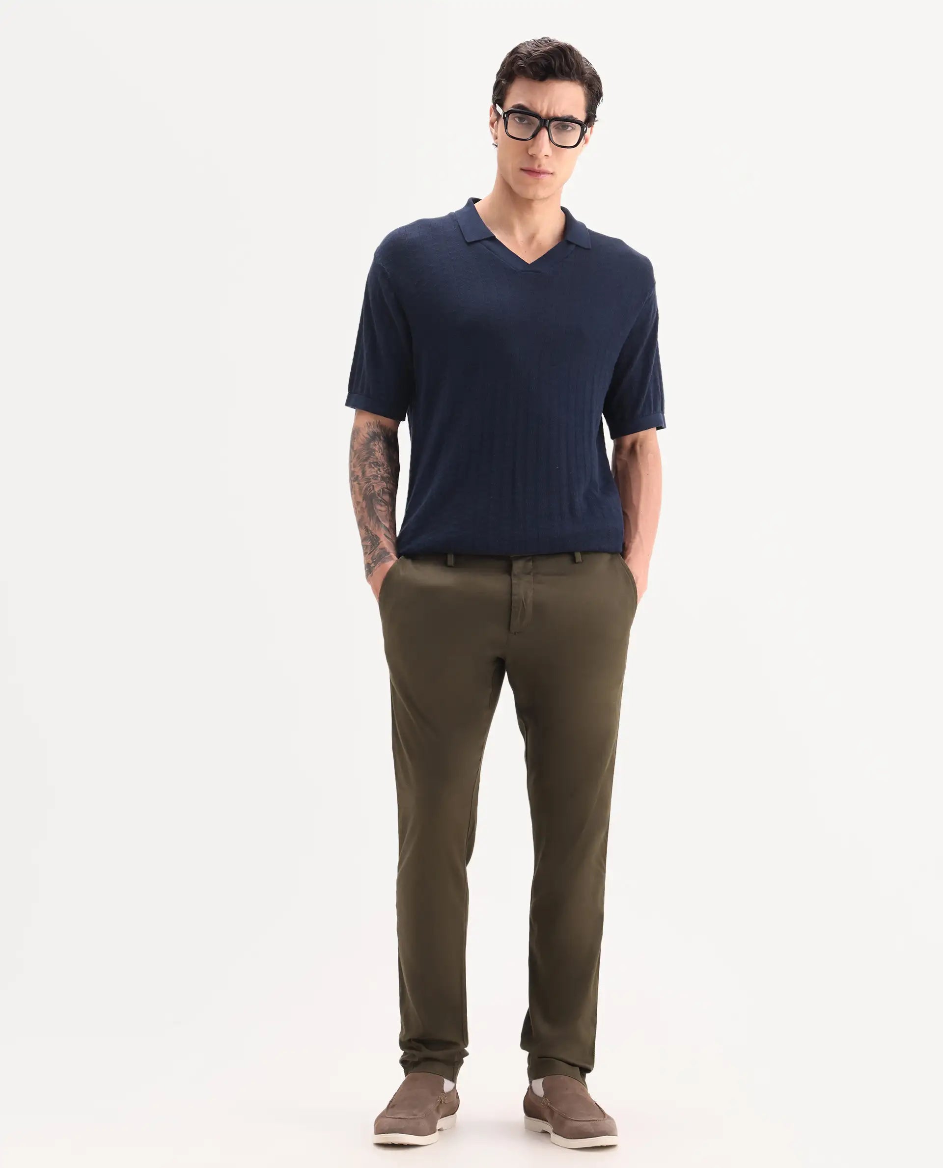 Rare Rabbit Men's Cellular Olive Cotton Plain Regular Fit Trouser