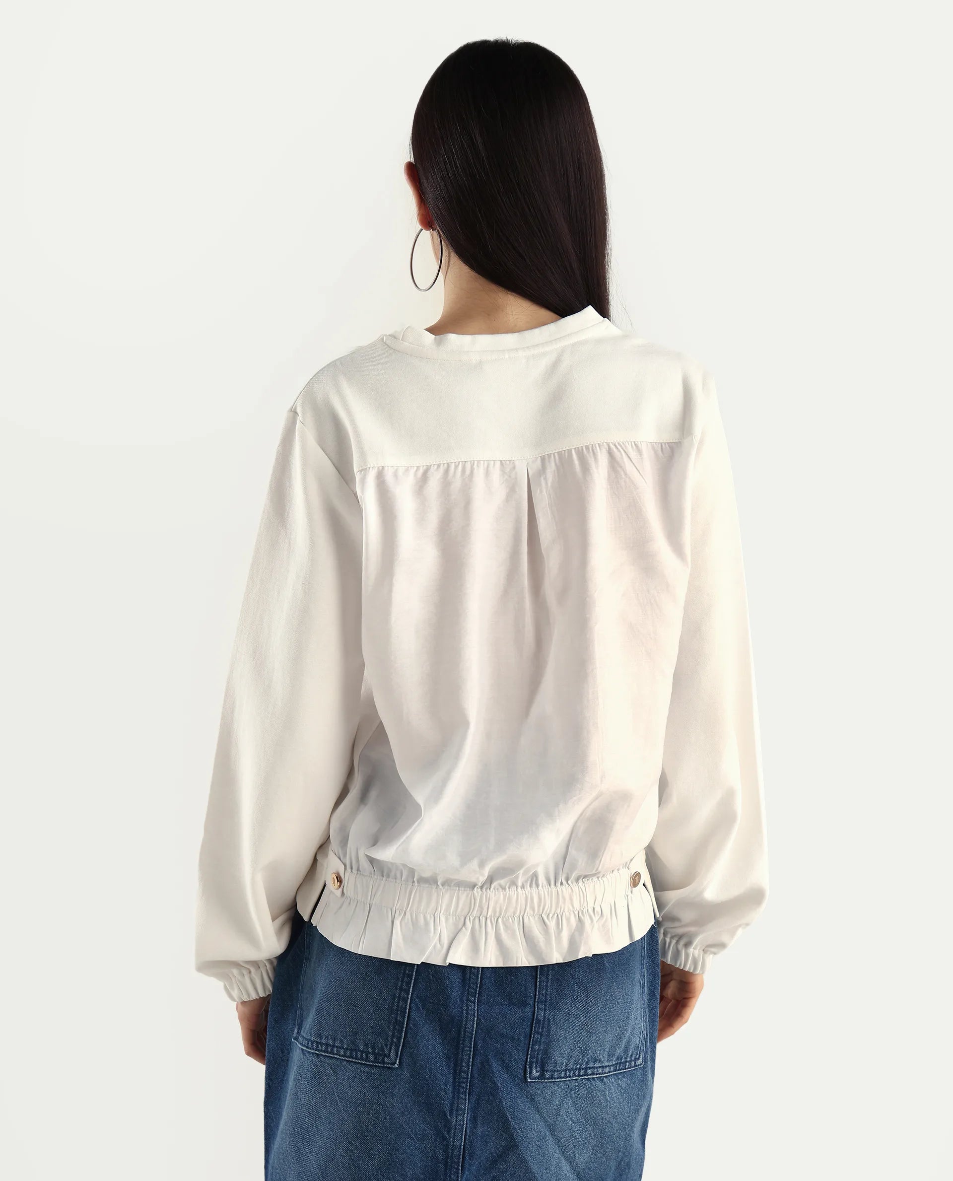 Rareism Women's Century Off White Cotton Blend Crew Neck Plain Relaxed Fit Sweatshirt