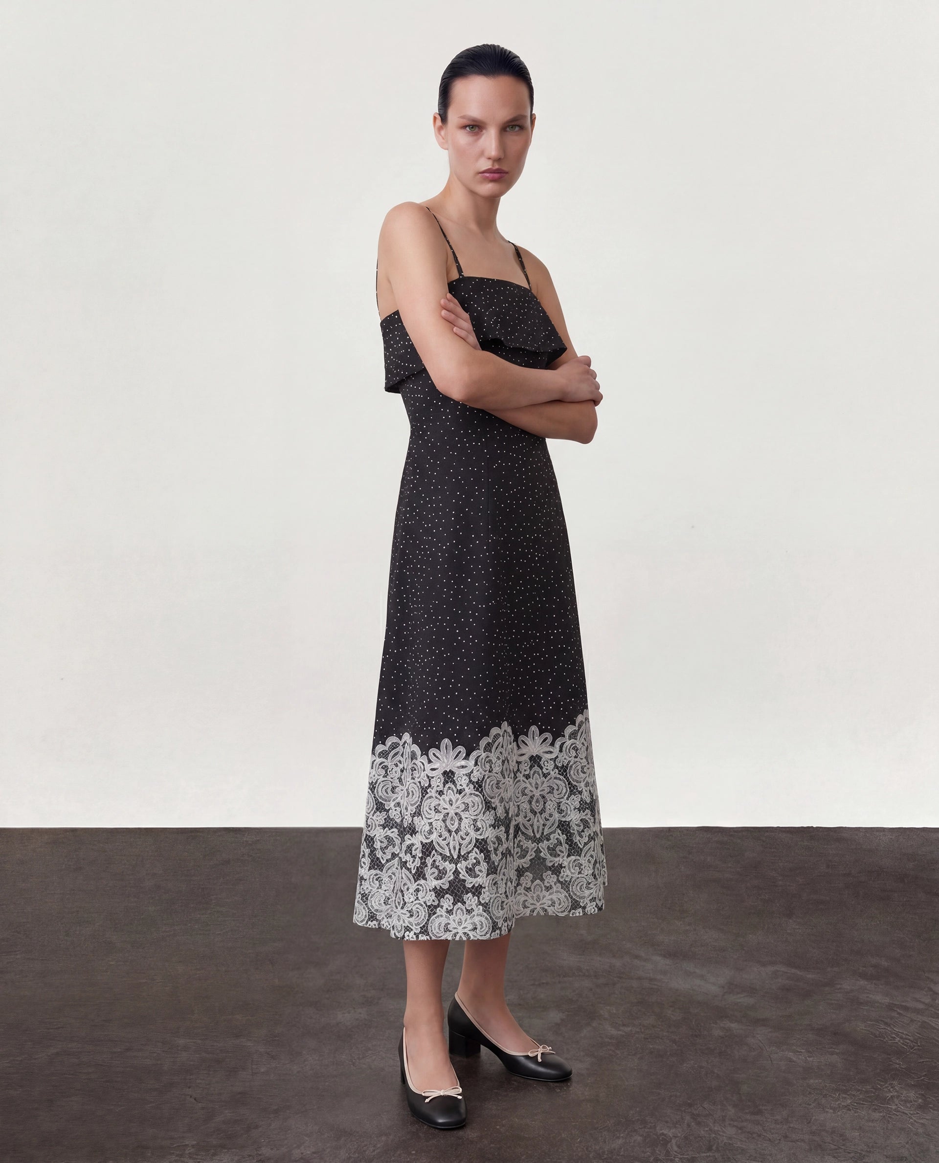 Rareism Women's Cerah Black Cotton Sleeveless A-Line Polka Print Dress
