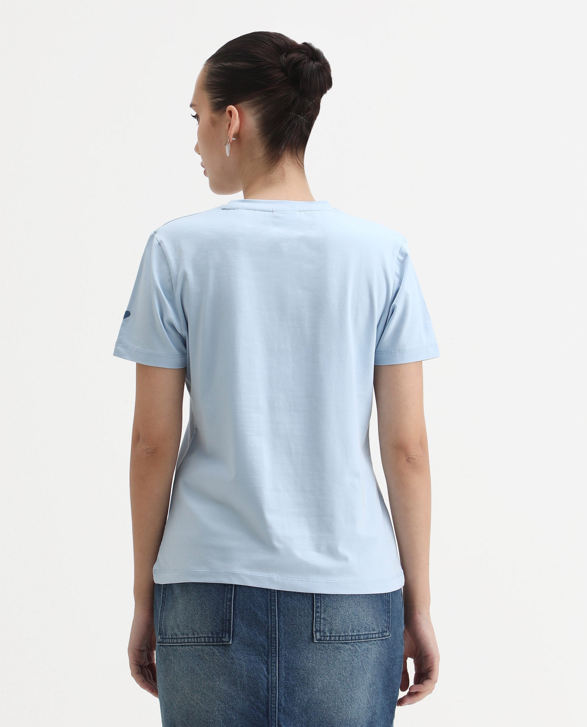 Rareism Women's Cercis Light Blue Cotton Blend Crew Neck Typography Print Regular Fit T-Shirt