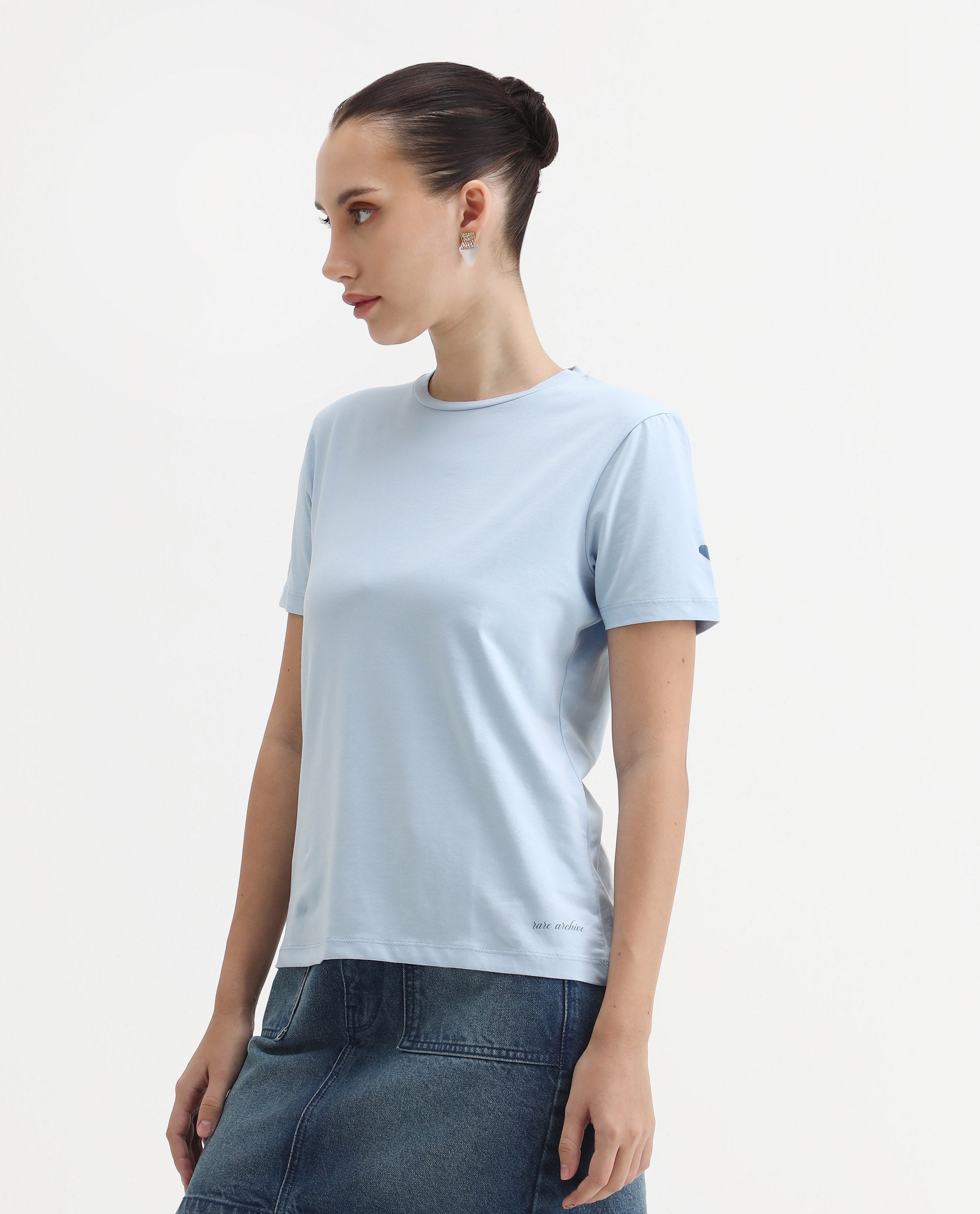 Rareism Women's Cercis Light Blue Cotton Blend Crew Neck Typography Print Regular Fit T-Shirt