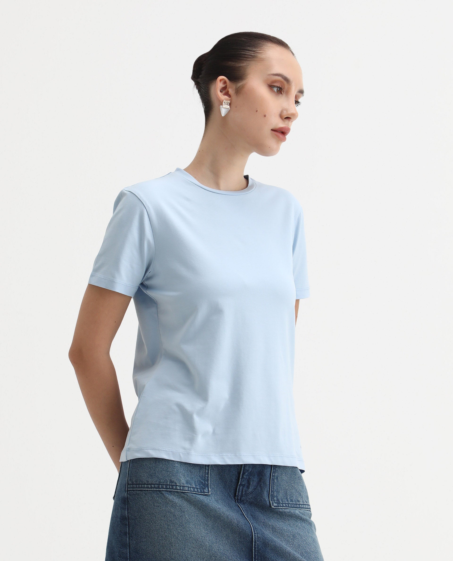 Rareism Women's Cercis Light Blue Cotton Blend Crew Neck Typography Print Regular Fit T-Shirt