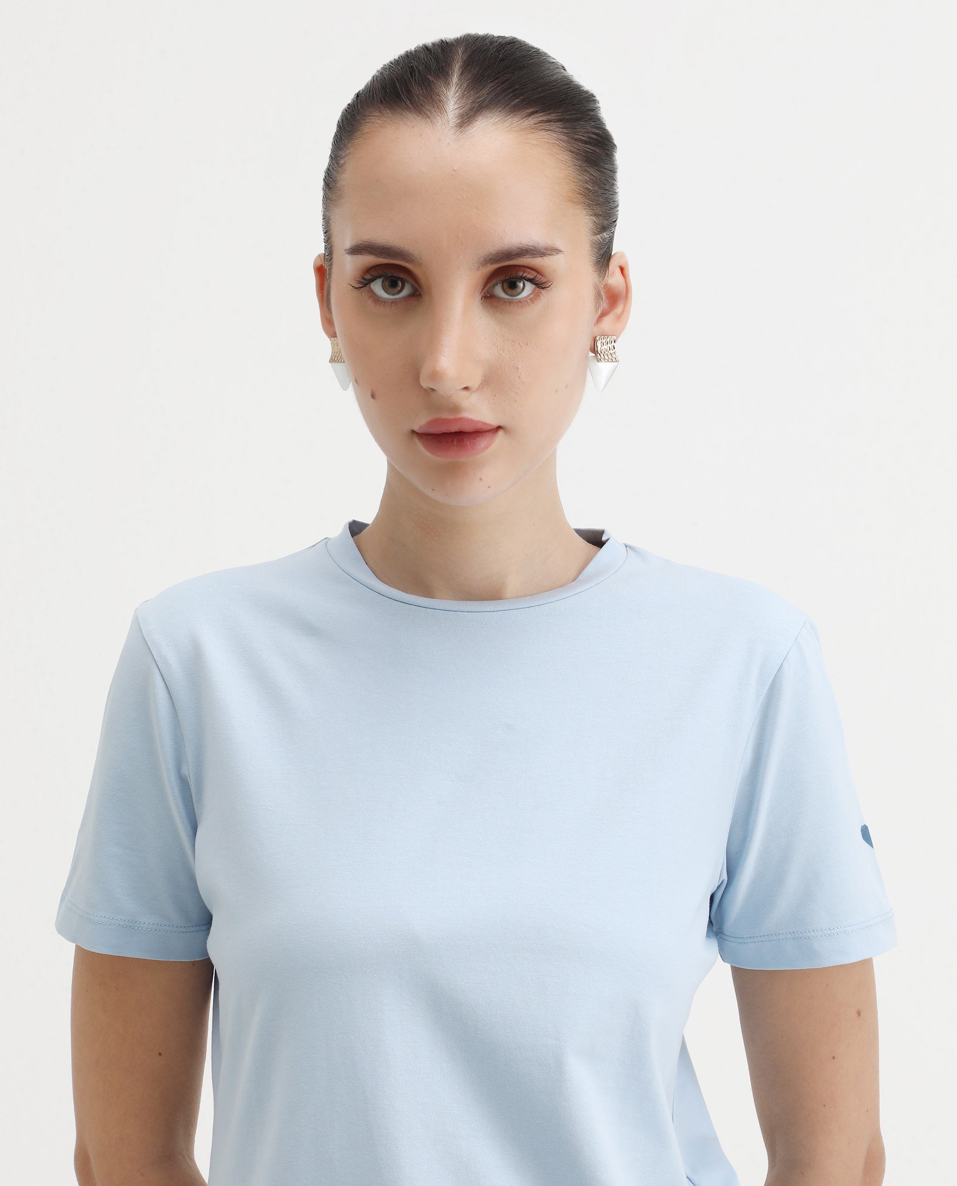 Rareism Women's Cercis Light Blue Cotton Blend Crew Neck Typography Print Regular Fit T-Shirt