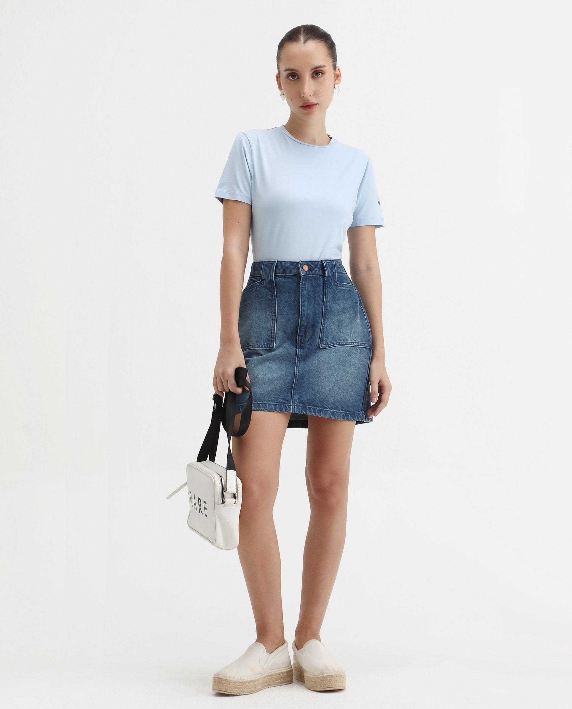 Rareism Women's Cercis Light Blue Cotton Blend Crew Neck Typography Print Regular Fit T-Shirt