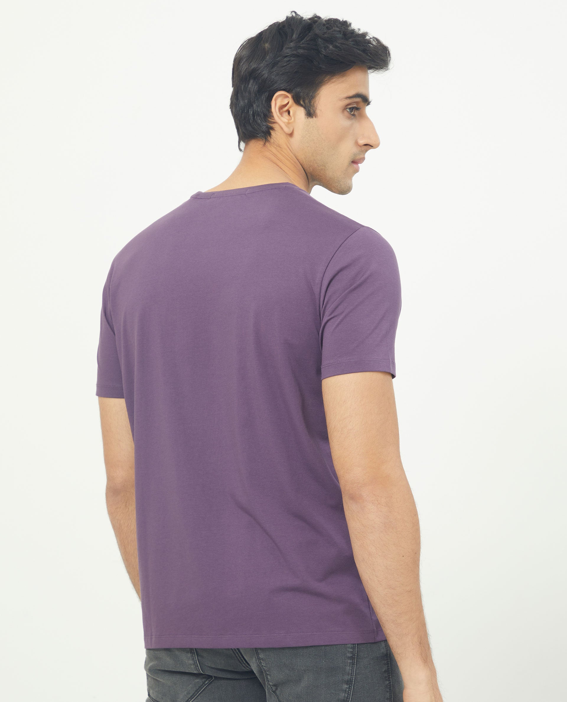 Rare Rabbit Men's Cero Dark Purple Crew Neck Flock Print Branding Half Sleeves Regular Fit T-Shirt