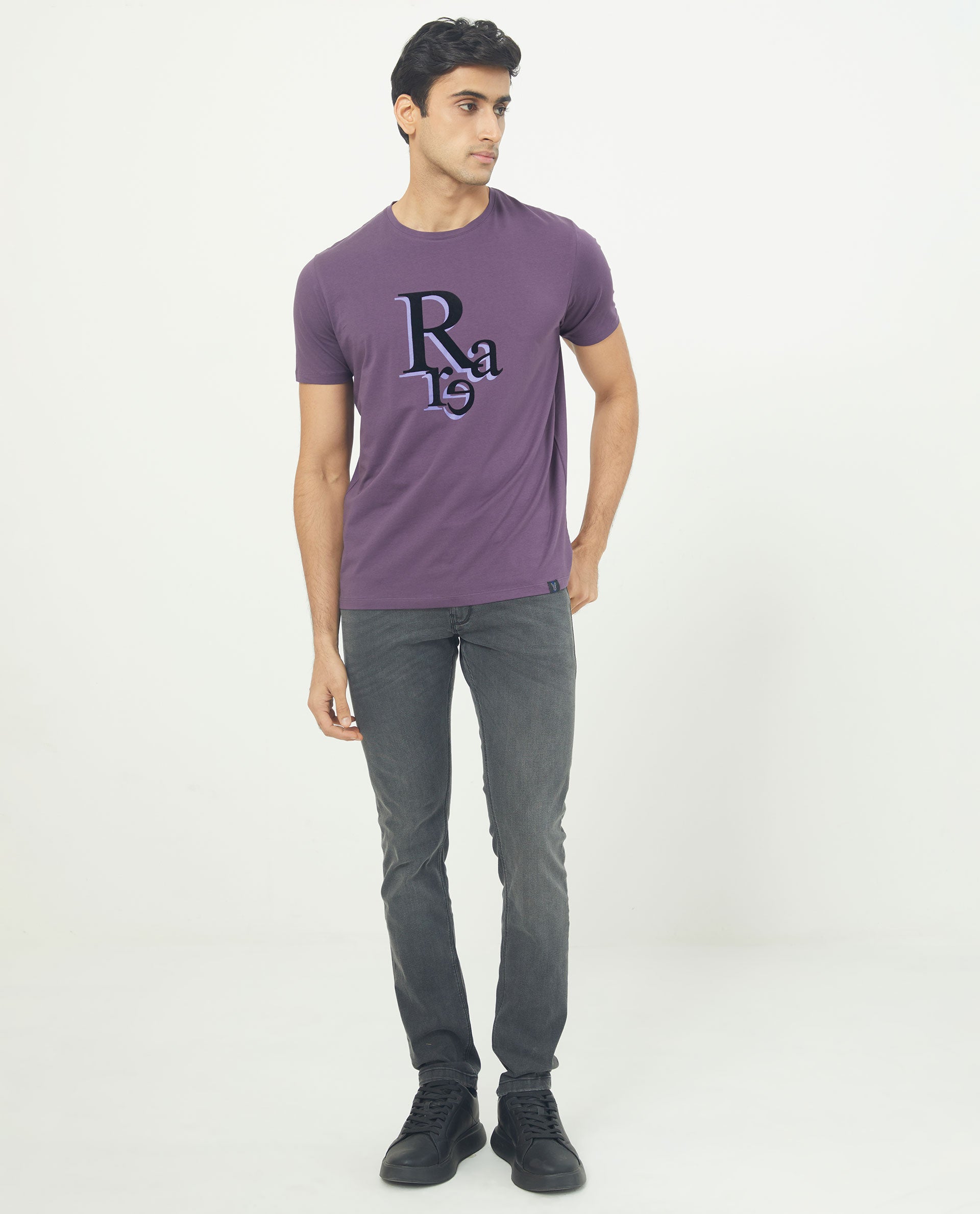 Rare Rabbit Men's Cero Dark Purple Crew Neck Flock Print Branding Half Sleeves Regular Fit T-Shirt