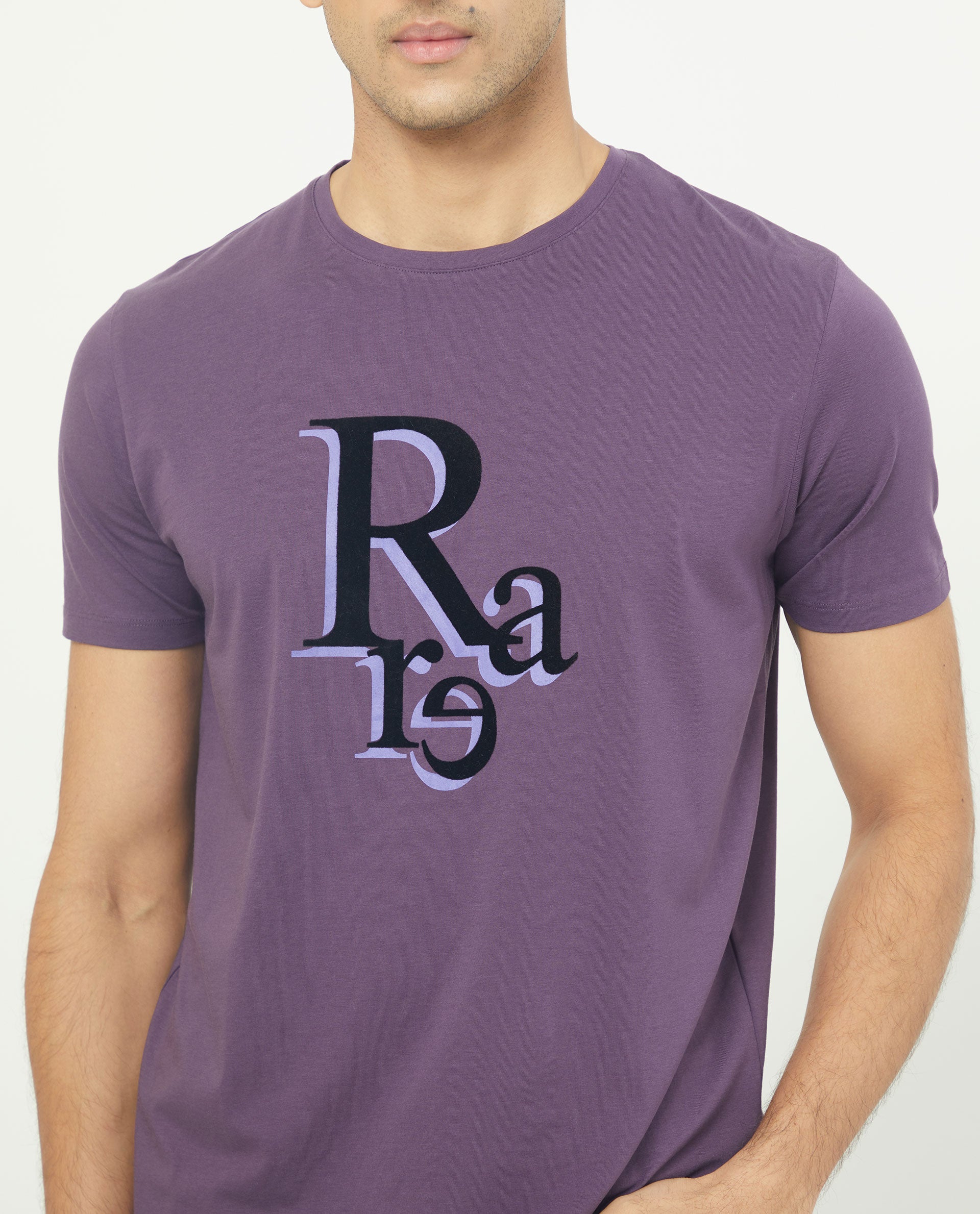 Rare Rabbit Men's Cero Dark Purple Crew Neck Flock Print Branding Half Sleeves Regular Fit T-Shirt