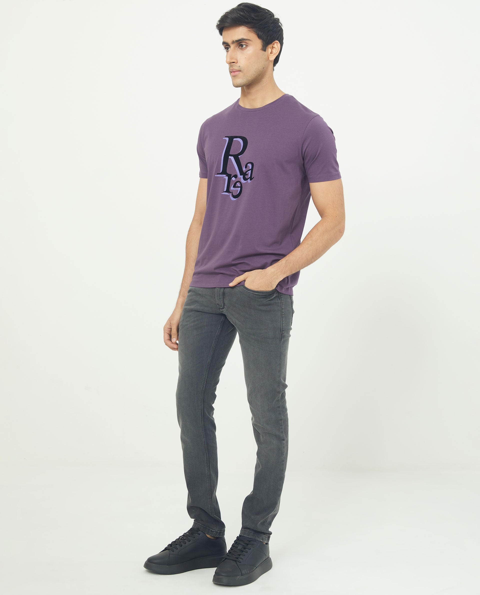 Rare Rabbit Men's Cero Dark Purple Crew Neck Flock Print Branding Half Sleeves Regular Fit T-Shirt