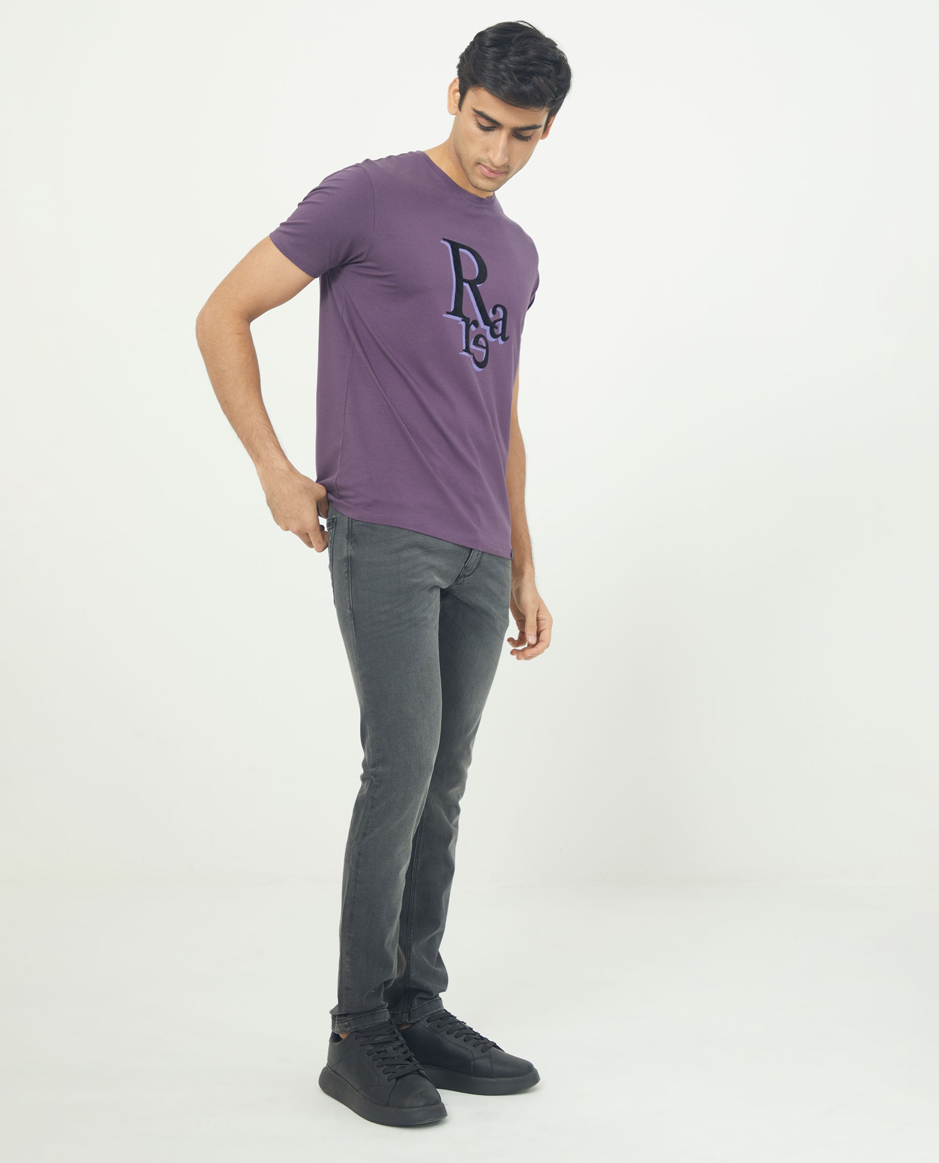 Rare Rabbit Men's Cero Dark Purple Crew Neck Flock Print Branding Half Sleeves Regular Fit T-Shirt