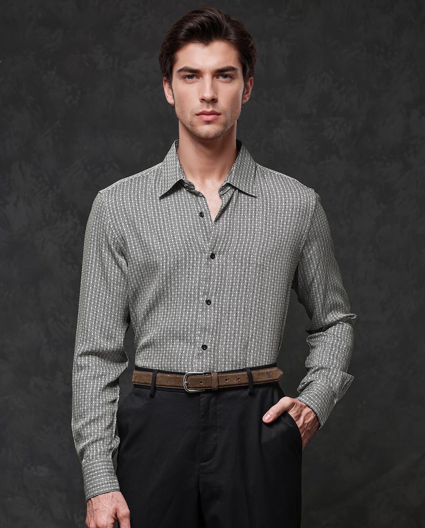 Rare Rabbit Mens Ceroz Beige Viscose Fabric Full Sleeve Geometric Print Shirt